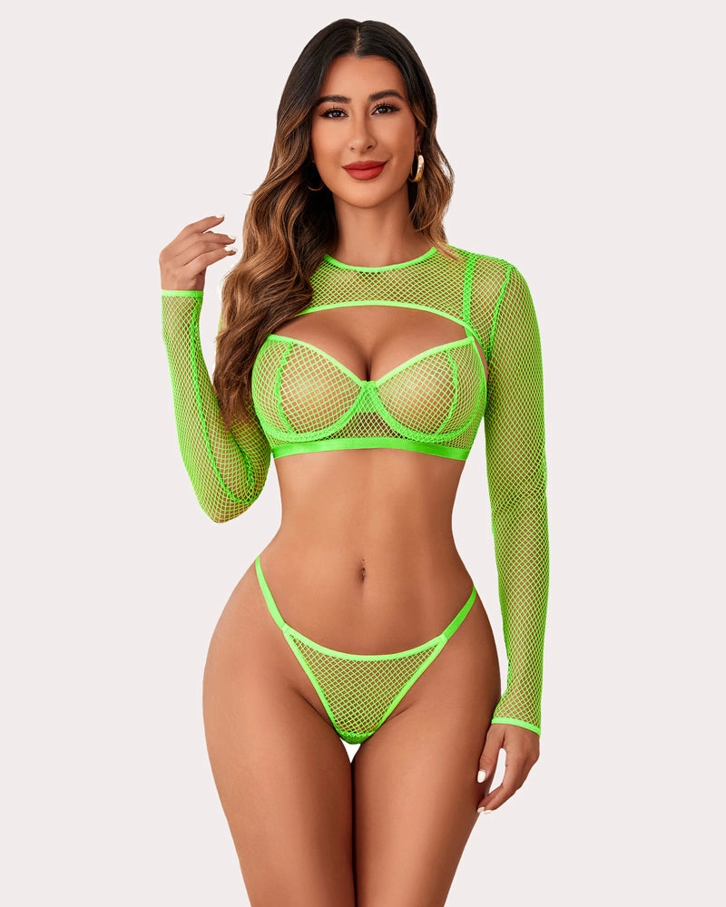 3 Pcs Fishnet Crop Sheer Sets