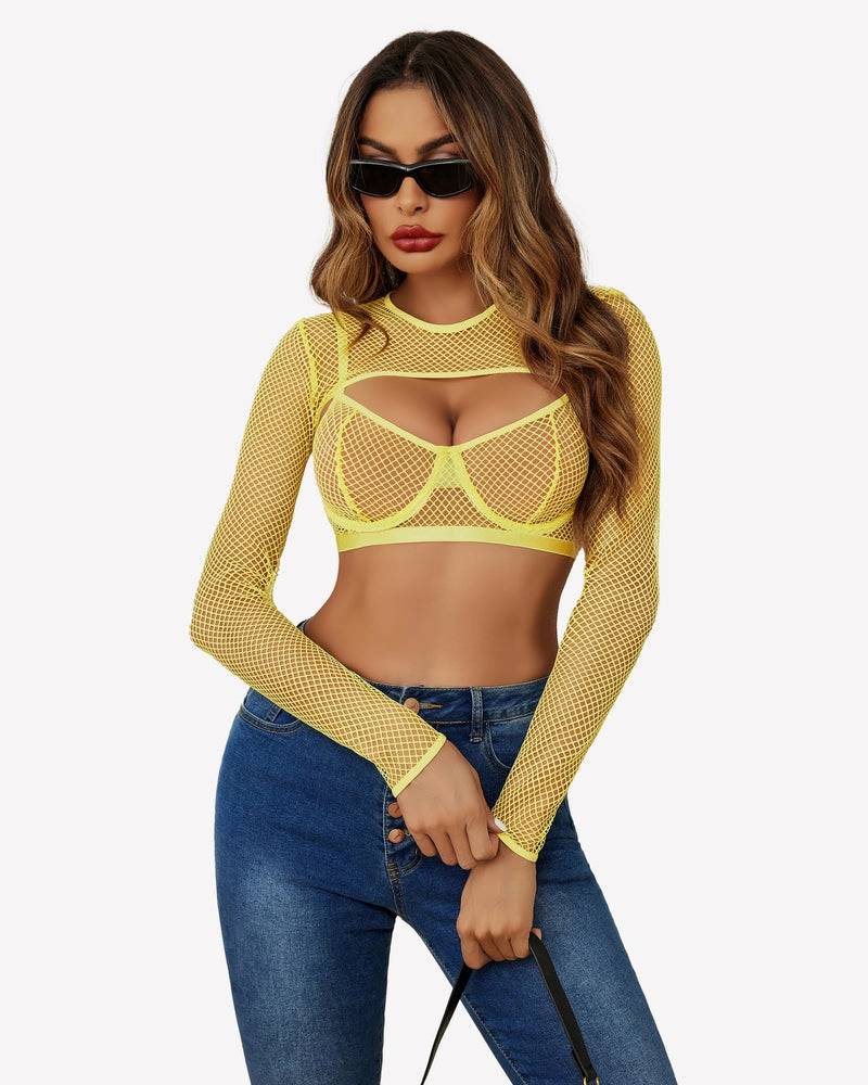 3 Pcs Fishnet Crop Sheer Sets