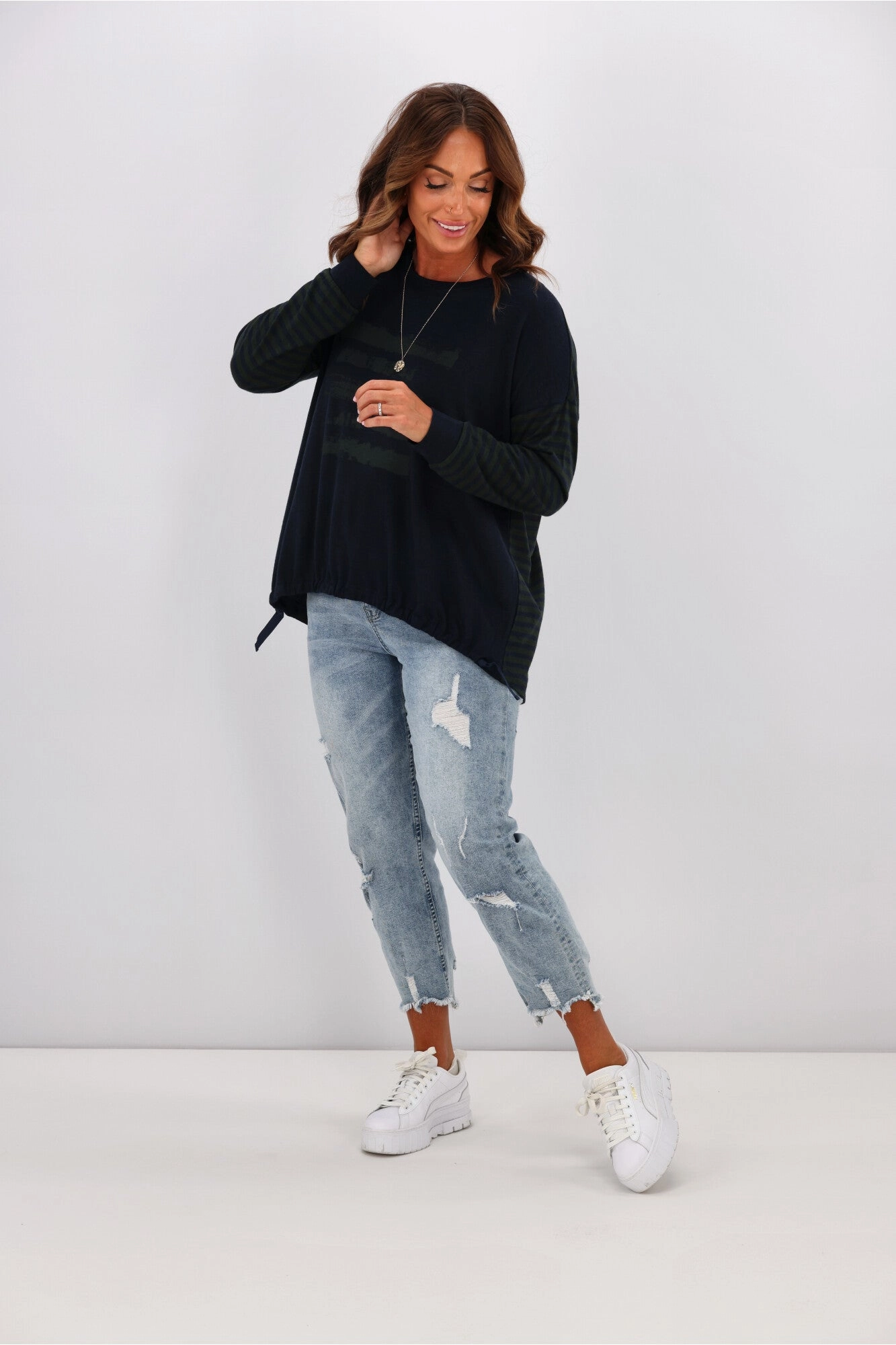 Alpine by Shine On Nola Striped Hilo Top with Print Ink Olive