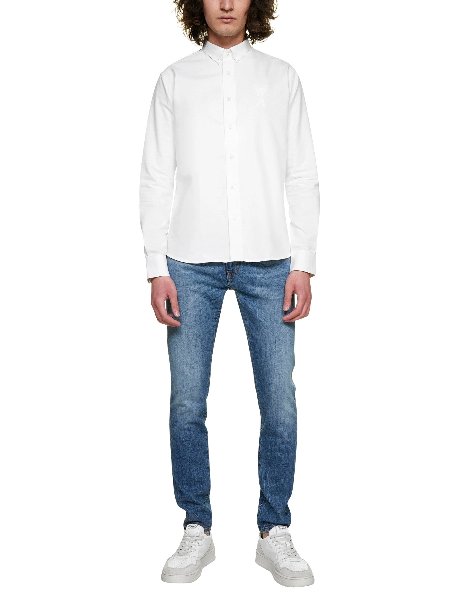 AMI Heart Embroidered Curved Hem Shirt