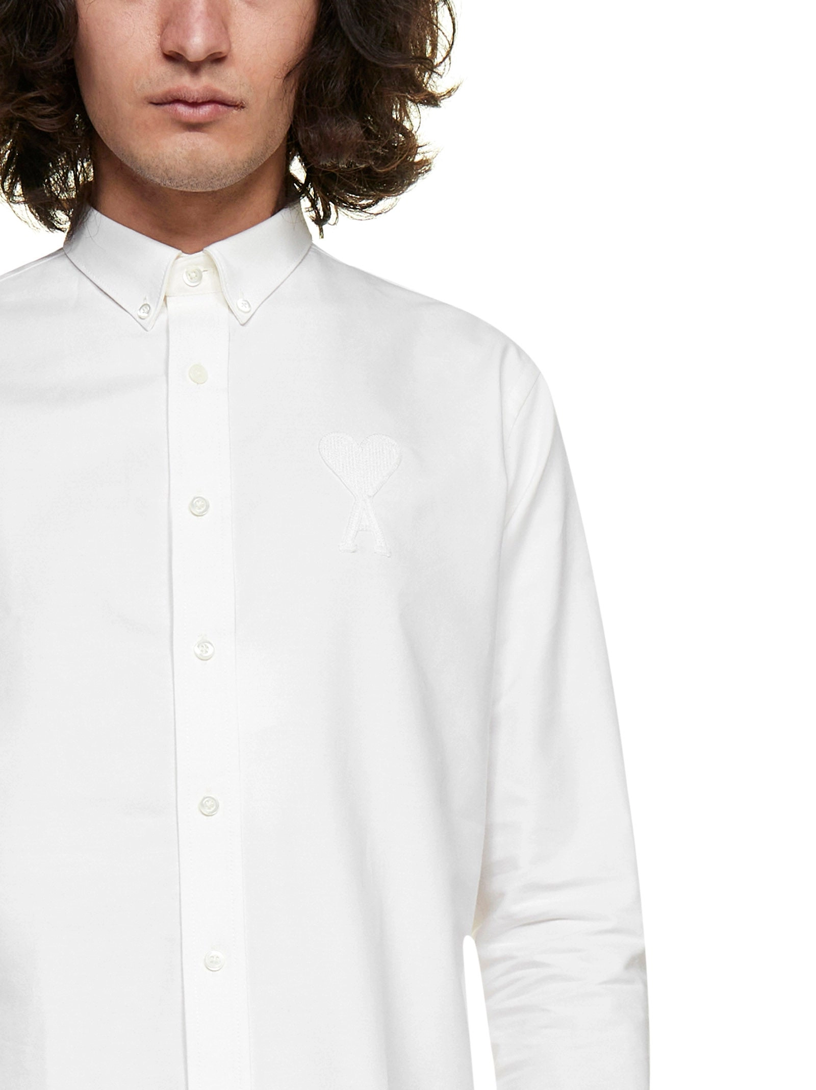 AMI Heart Embroidered Curved Hem Shirt