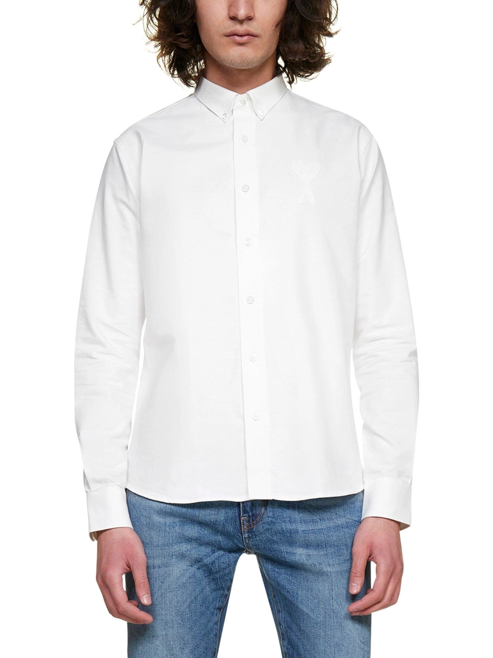 AMI Heart Embroidered Curved Hem Shirt