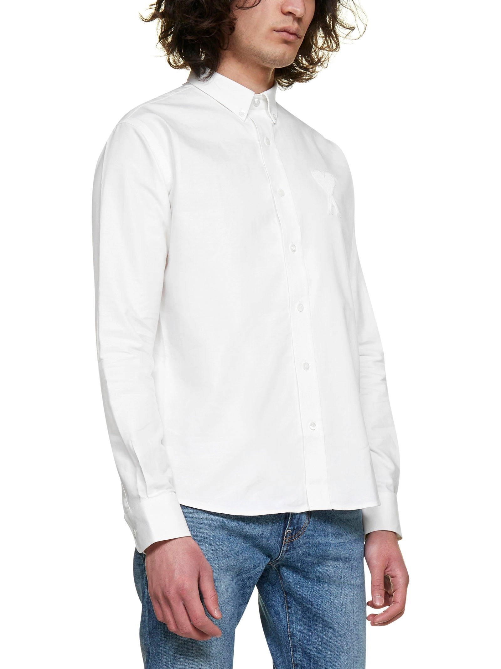 AMI Heart Embroidered Curved Hem Shirt