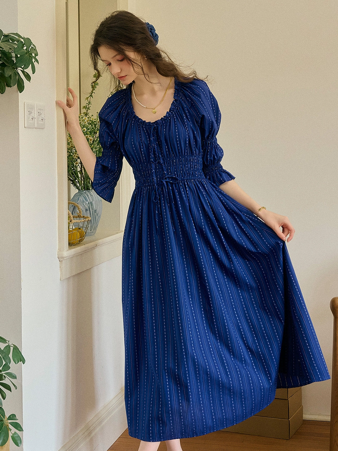 Aqua Round Neck Waist Cotton Dress