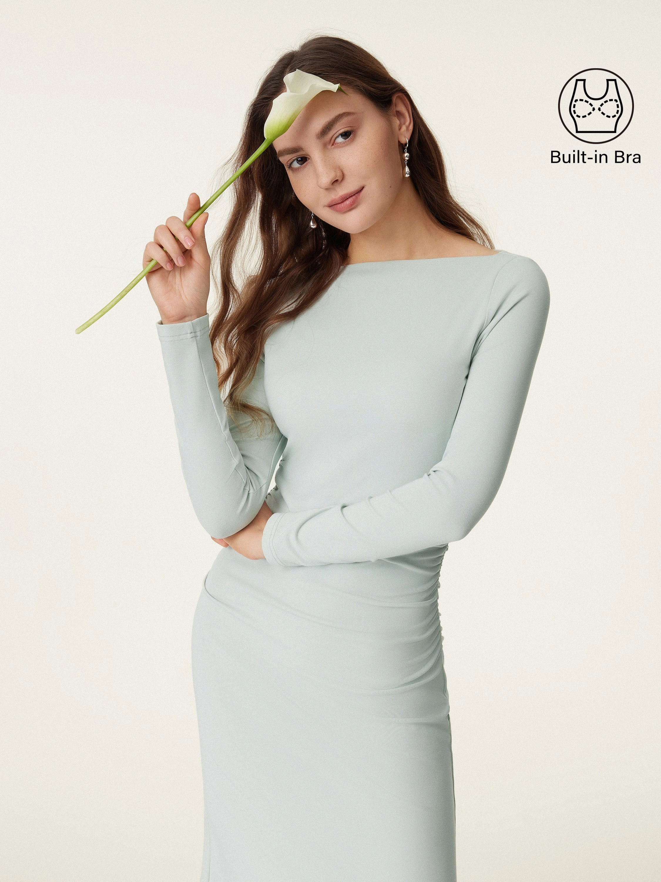 Boat Neck Ruched Light Cotton Brami Midi Dress