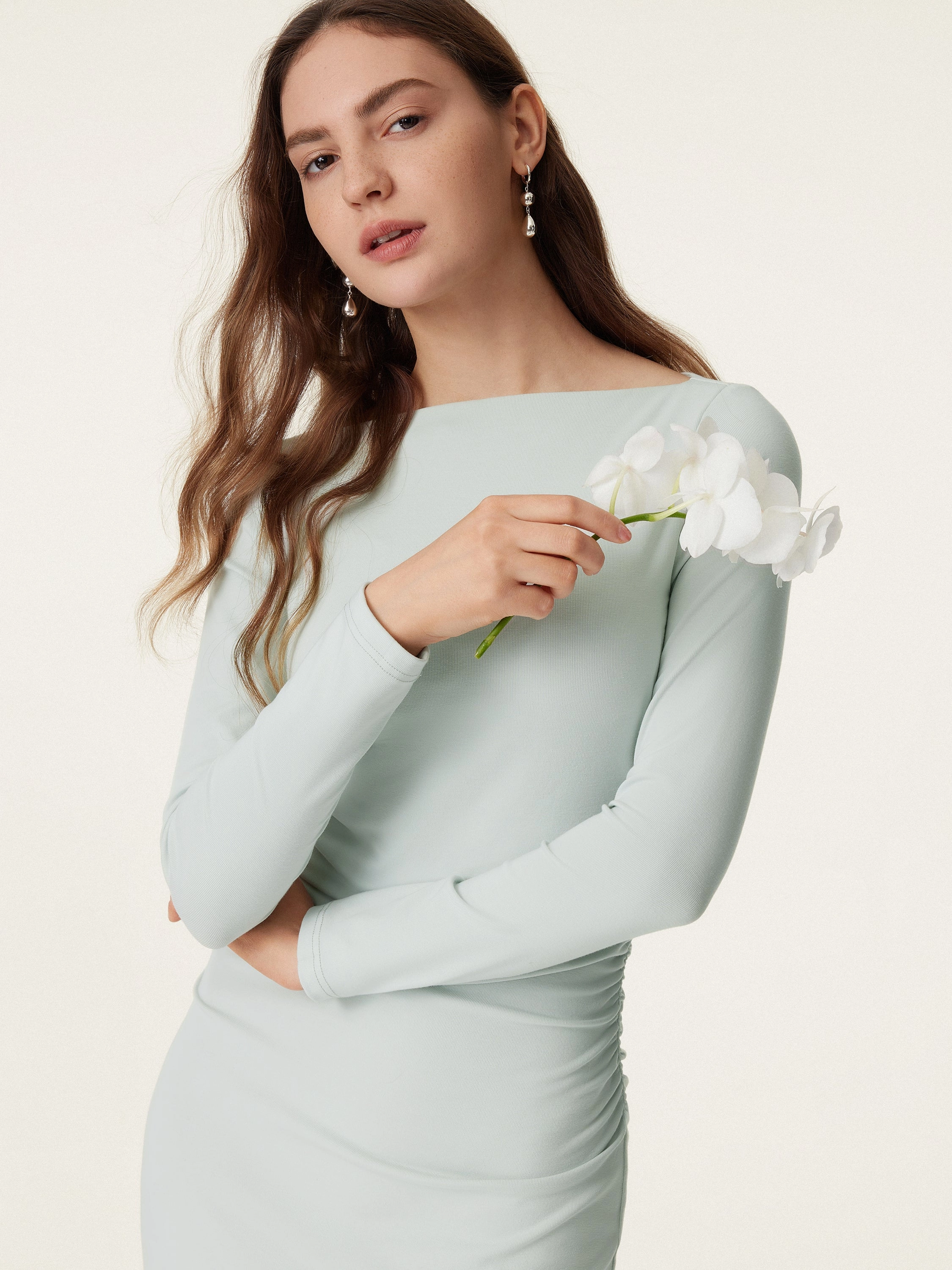 Boat Neck Ruched Light Cotton Brami Midi Dress