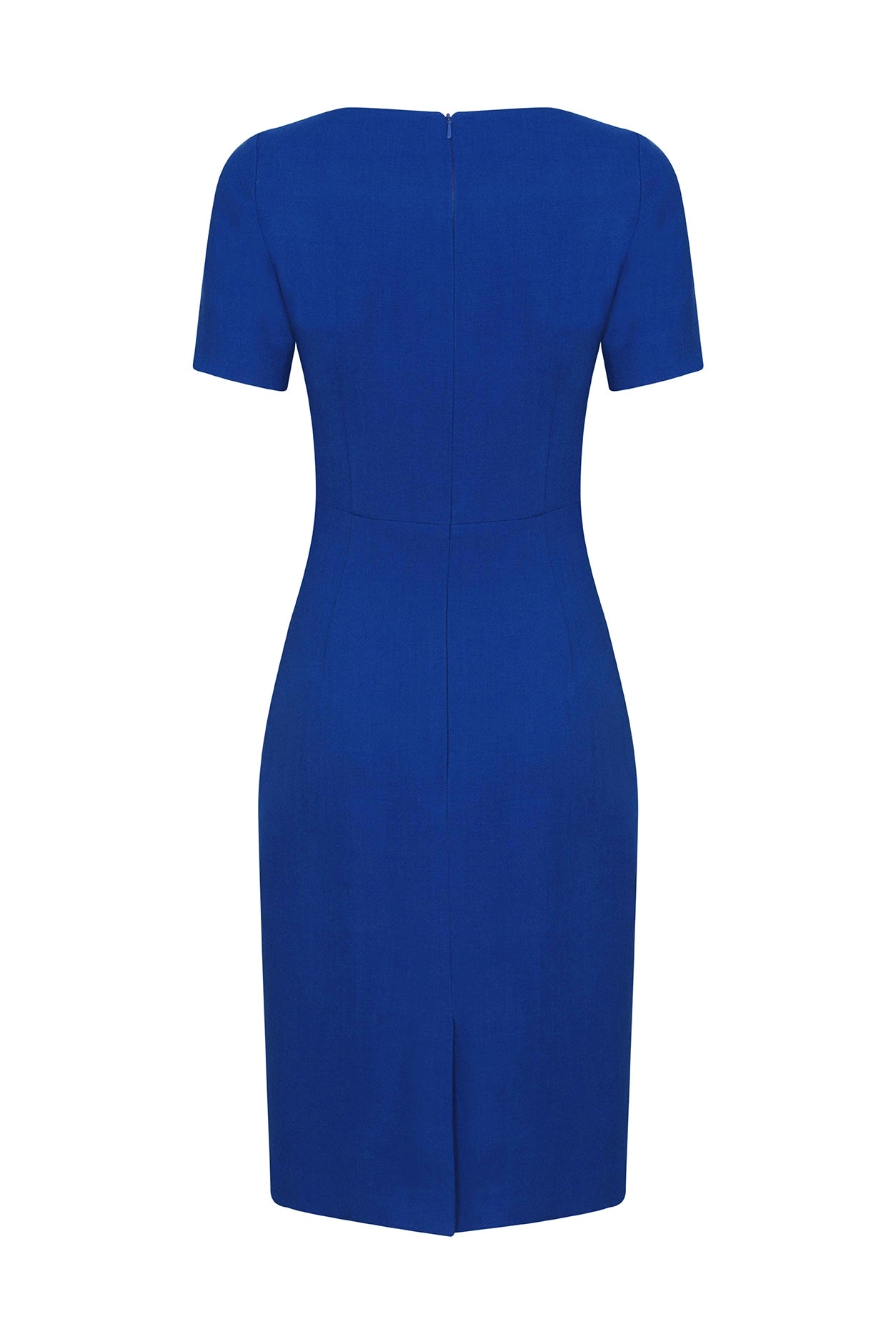 Boat Neck Shift Dress with Short Sleeves in Plain Royal Blue Wool Faille - Angie