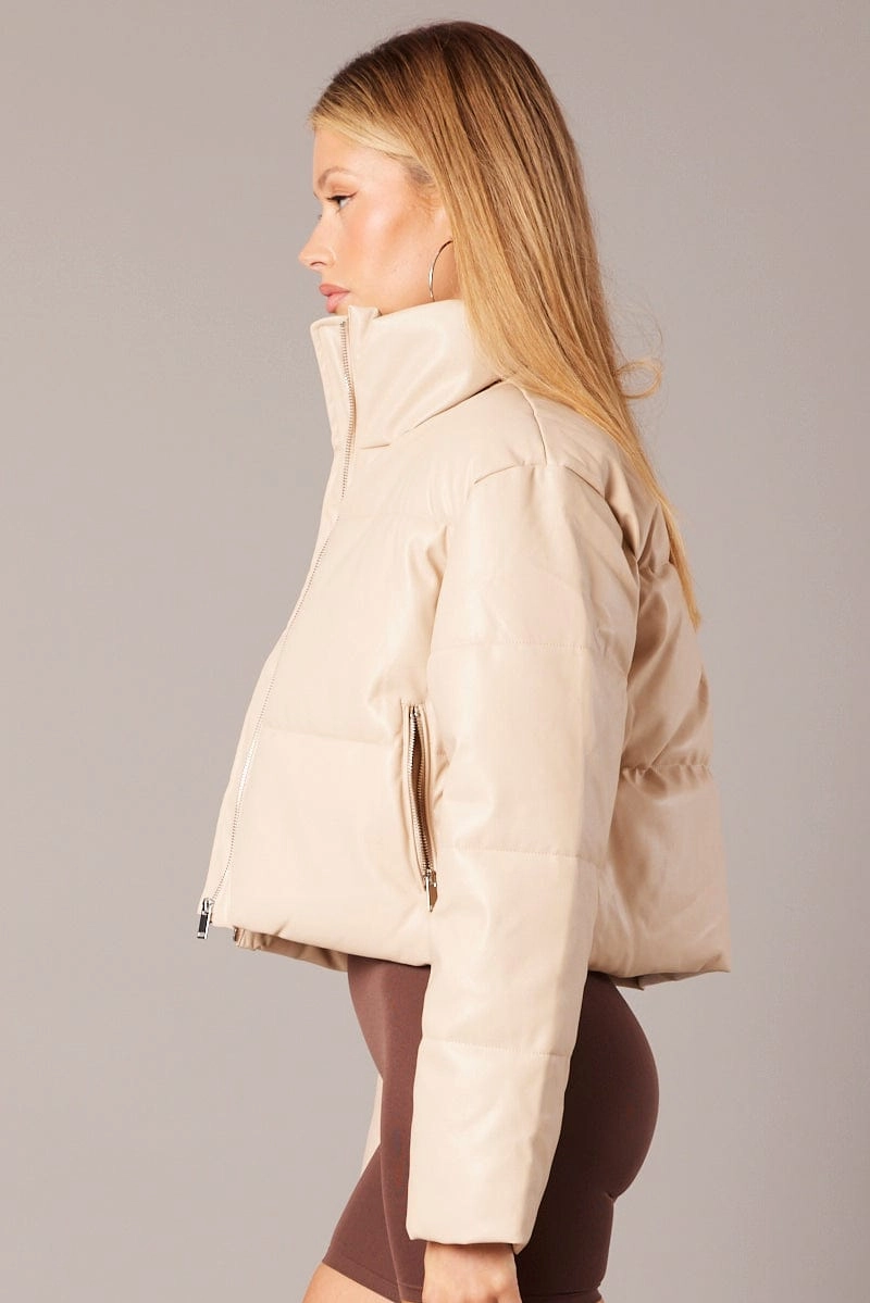 Camel Jacket Zip Thru Long Sleeves Faux Leather