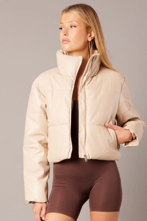Camel Jacket Zip Thru Long Sleeves Faux Leather