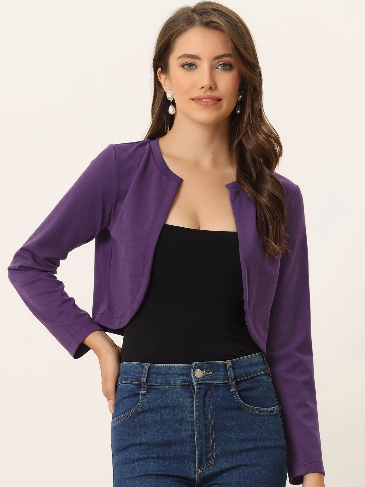 Curved Hem Long Sleeves Open Front Cropped Jacket Bolero Shrug