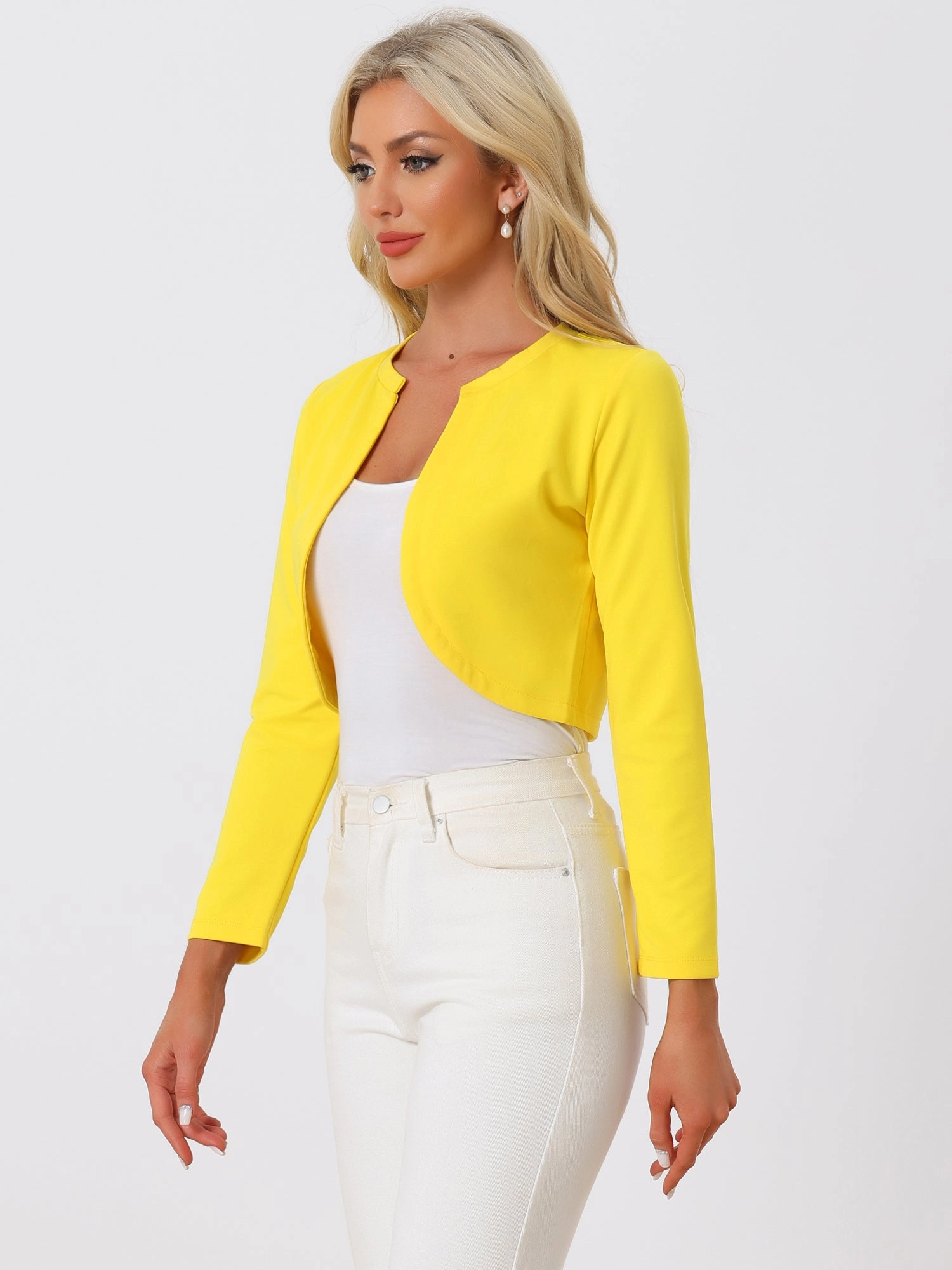 Curved Hem Long Sleeves Open Front Cropped Jacket Bolero Shrug