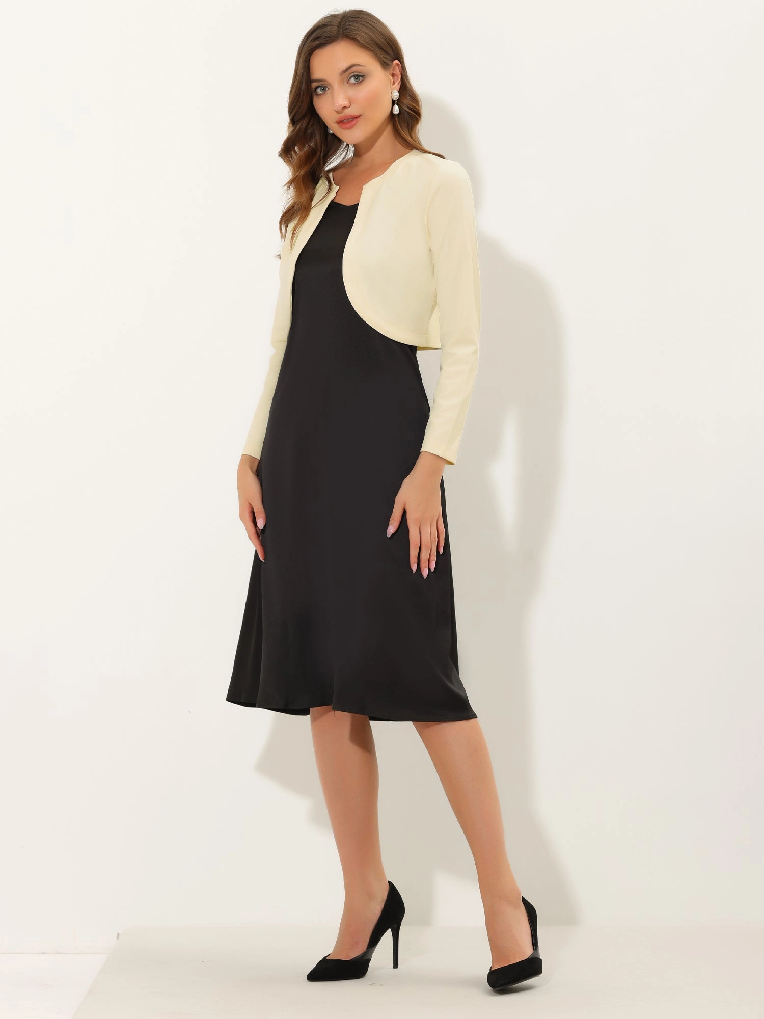 Curved Hem Long Sleeves Open Front Cropped Jacket Bolero Shrug