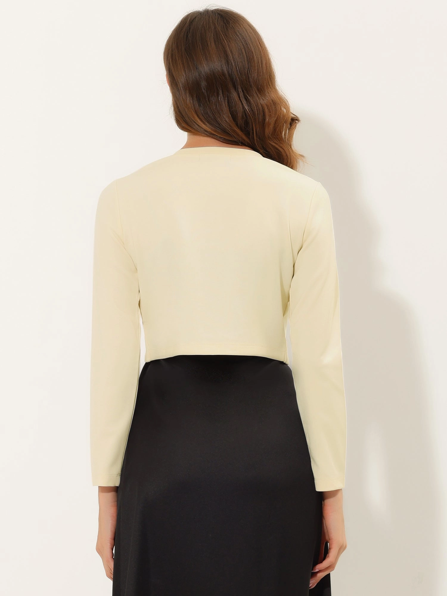 Curved Hem Long Sleeves Open Front Cropped Jacket Bolero Shrug