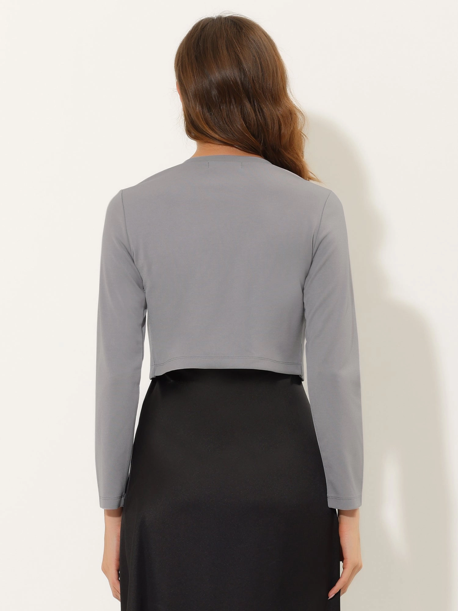 Curved Hem Long Sleeves Open Front Cropped Jacket Bolero Shrug
