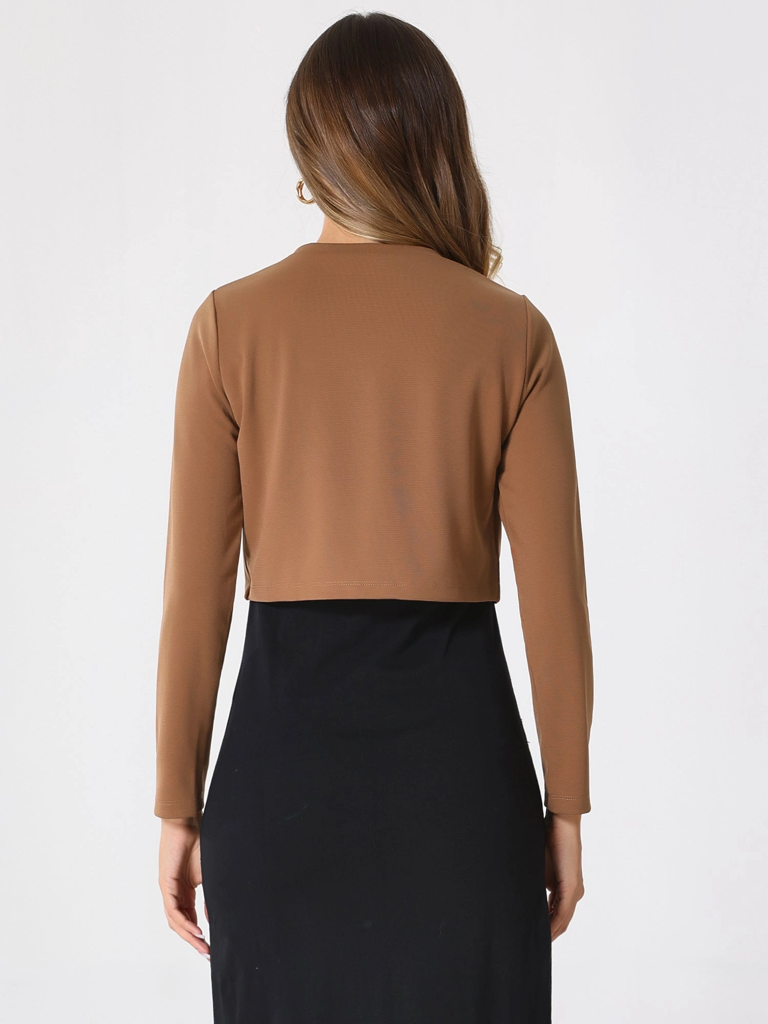 Curved Hem Long Sleeves Open Front Cropped Jacket Bolero Shrug