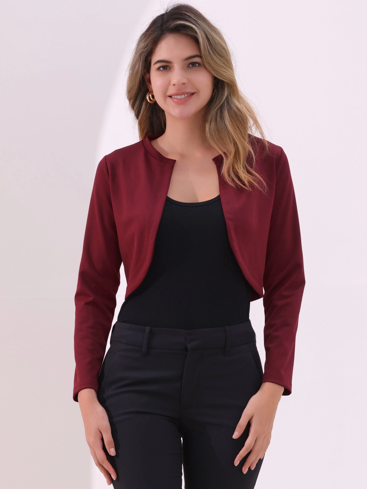 Curved Hem Long Sleeves Open Front Cropped Jacket Bolero Shrug