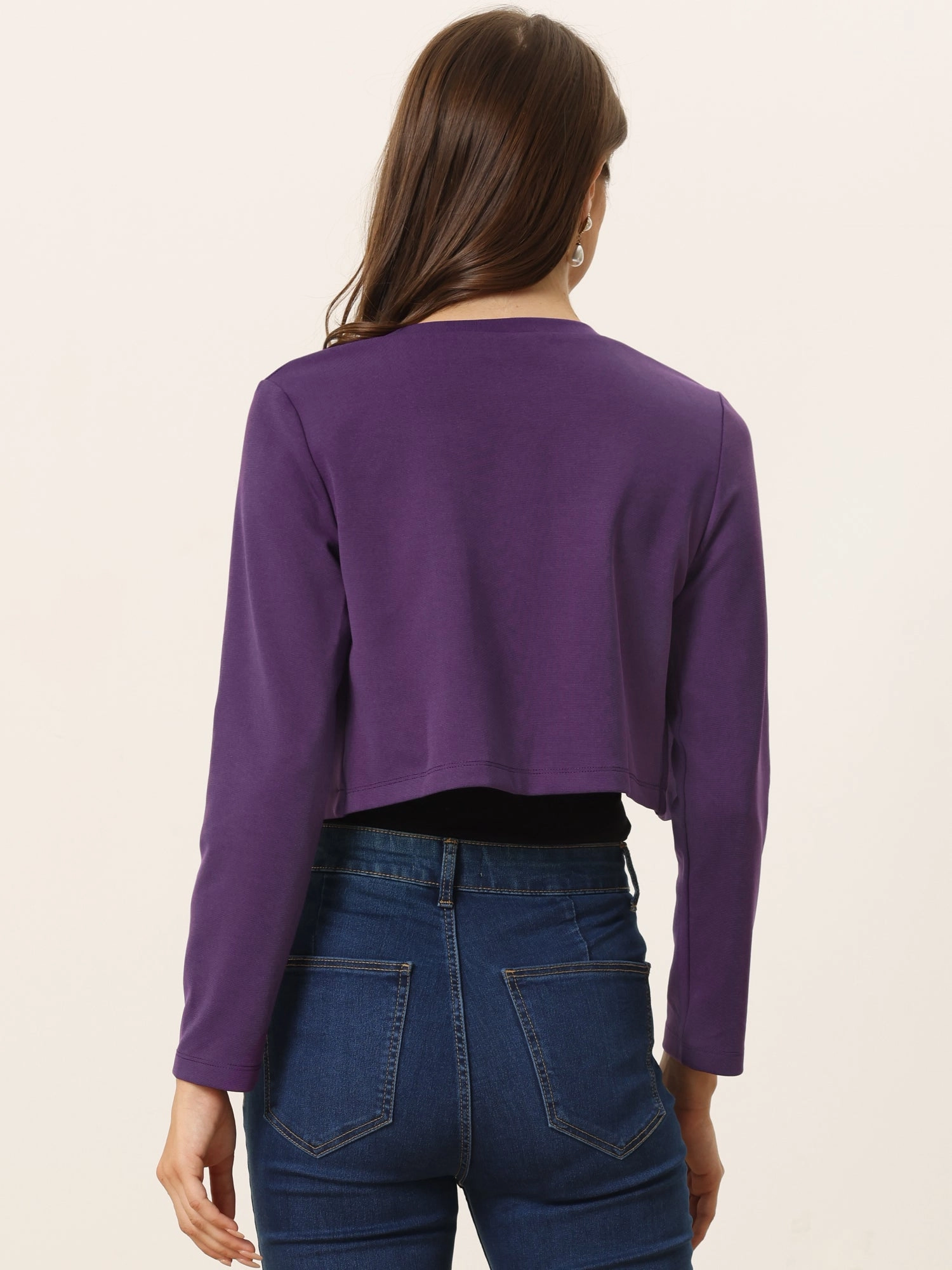 Curved Hem Long Sleeves Open Front Cropped Jacket Bolero Shrug