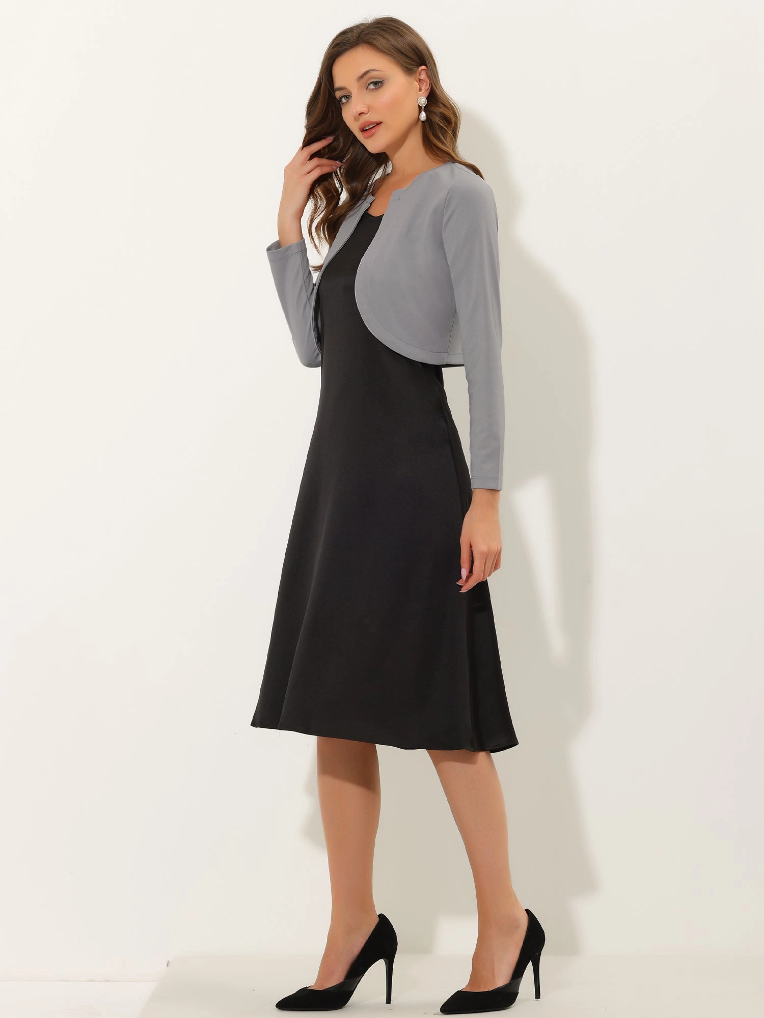 Curved Hem Long Sleeves Open Front Cropped Jacket Bolero Shrug