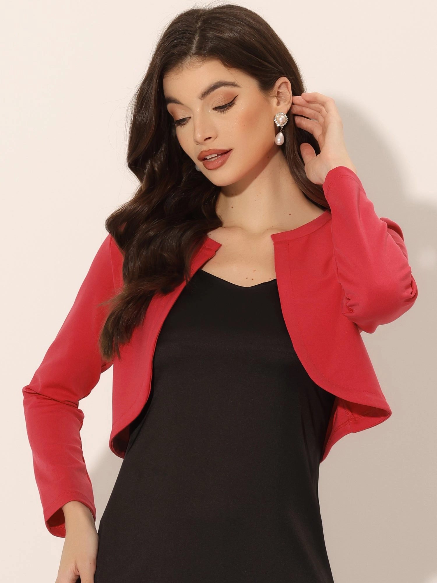 Curved Hem Long Sleeves Open Front Cropped Jacket Bolero Shrug