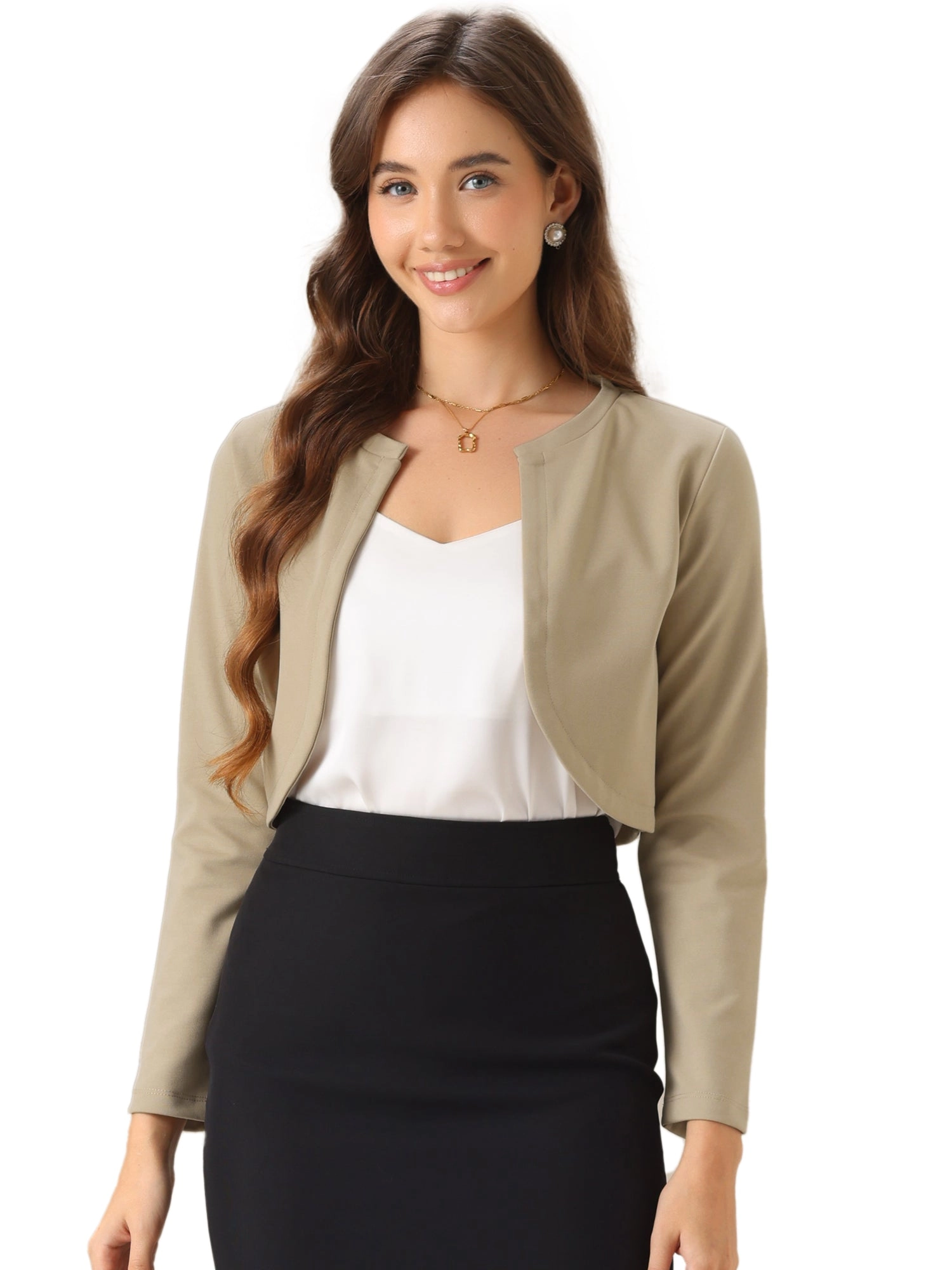 Curved Hem Long Sleeves Open Front Cropped Jacket Bolero Shrug