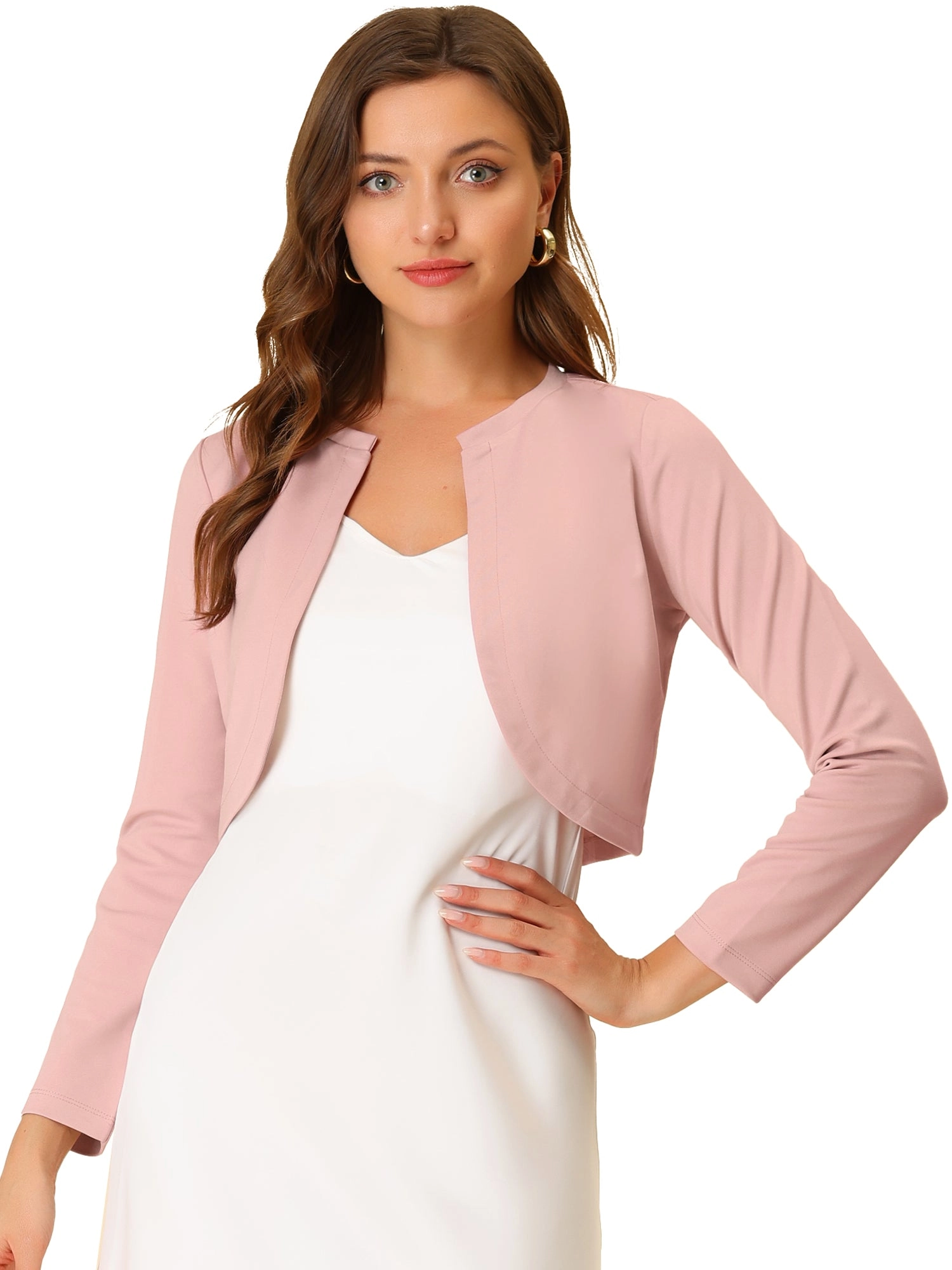 Curved Hem Long Sleeves Open Front Cropped Jacket Bolero Shrug