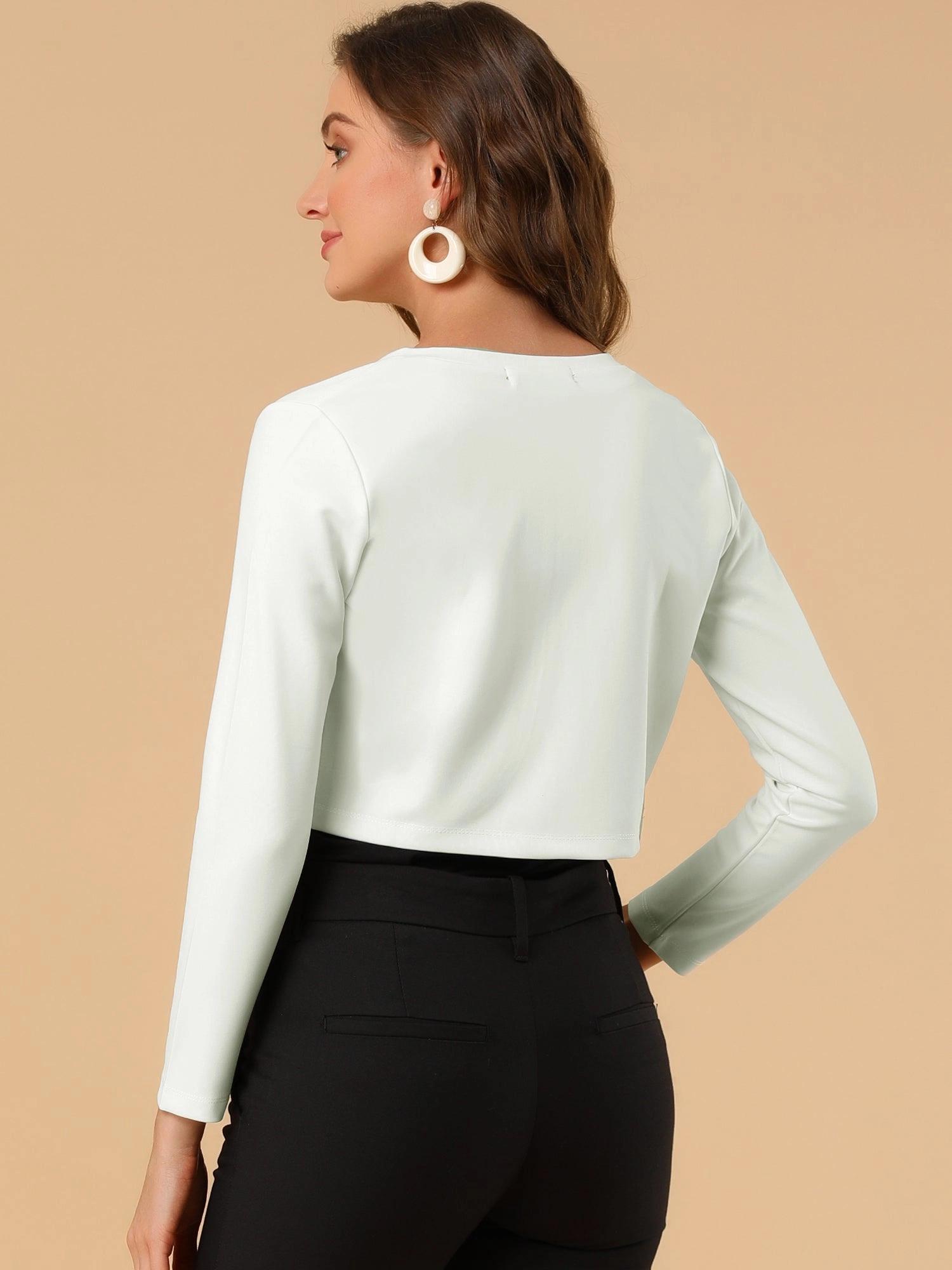 Curved Hem Long Sleeves Open Front Cropped Jacket Bolero Shrug