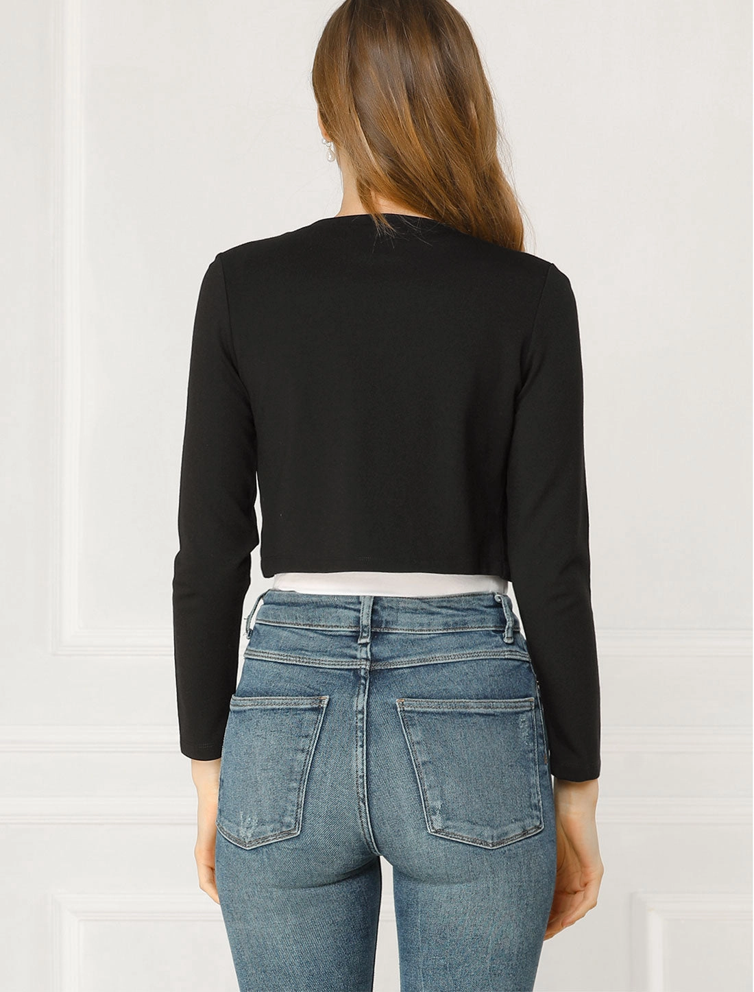 Curved Hem Long Sleeves Open Front Cropped Jacket Bolero Shrug