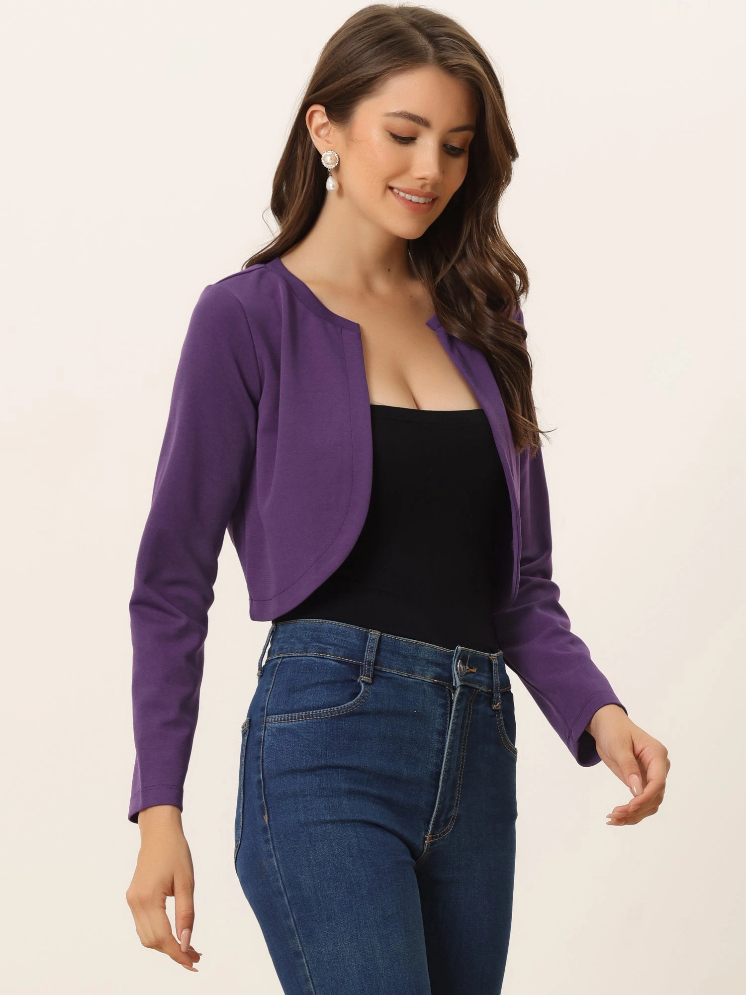 Curved Hem Long Sleeves Open Front Cropped Jacket Bolero Shrug