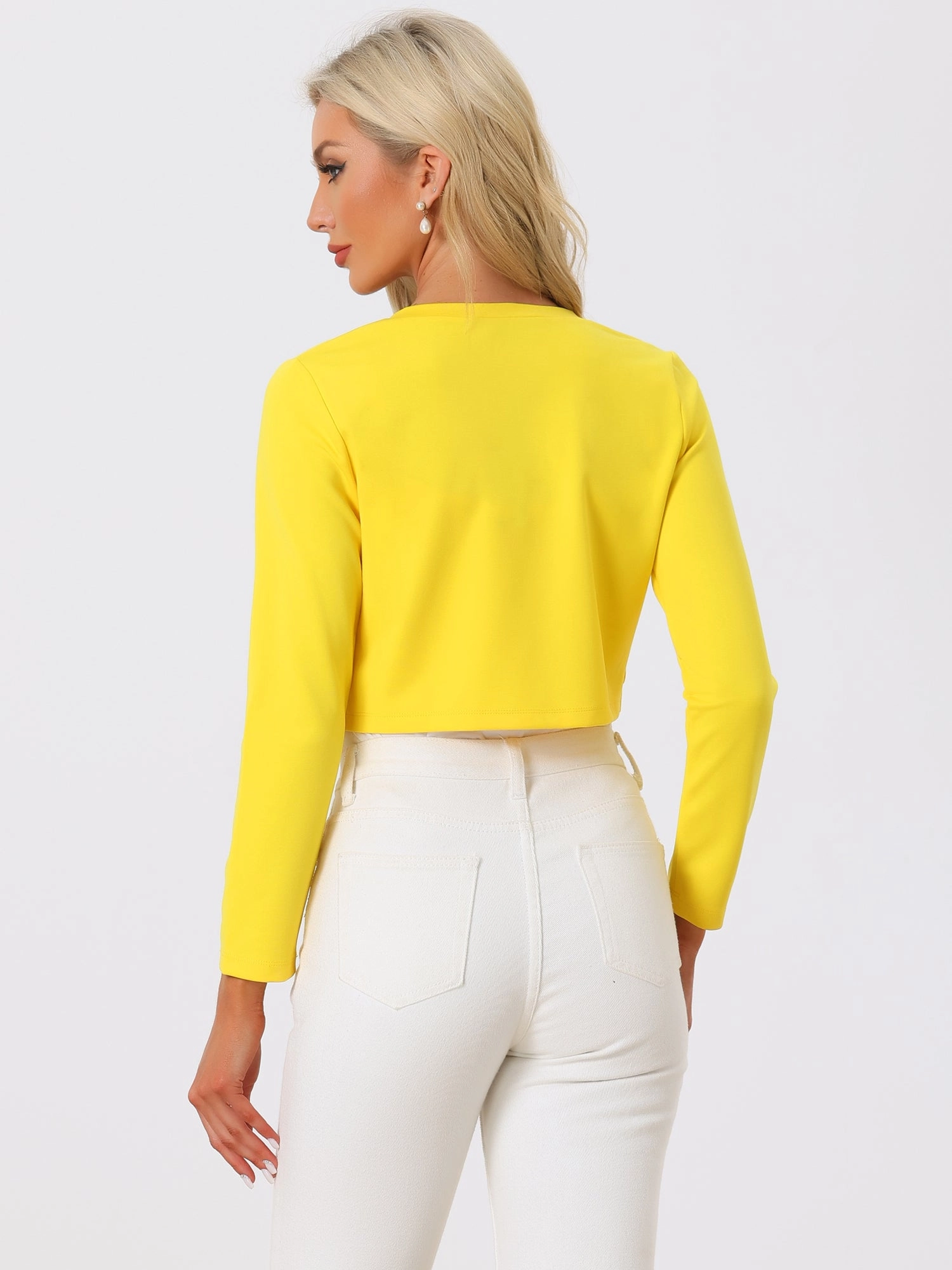 Curved Hem Long Sleeves Open Front Cropped Jacket Bolero Shrug