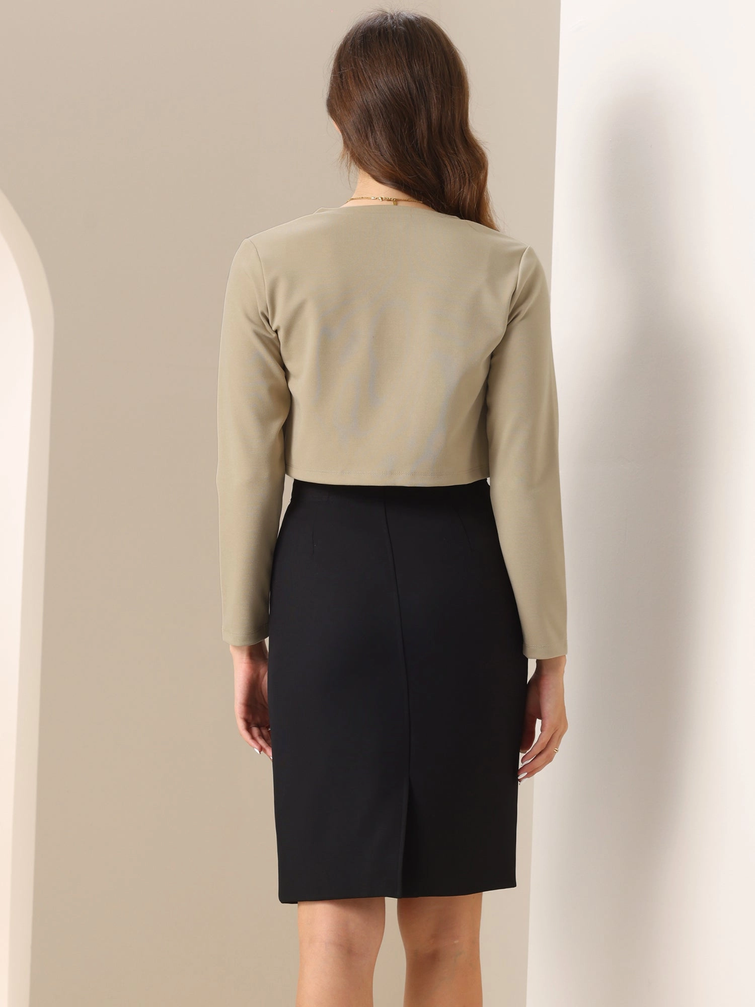 Curved Hem Long Sleeves Open Front Cropped Jacket Bolero Shrug
