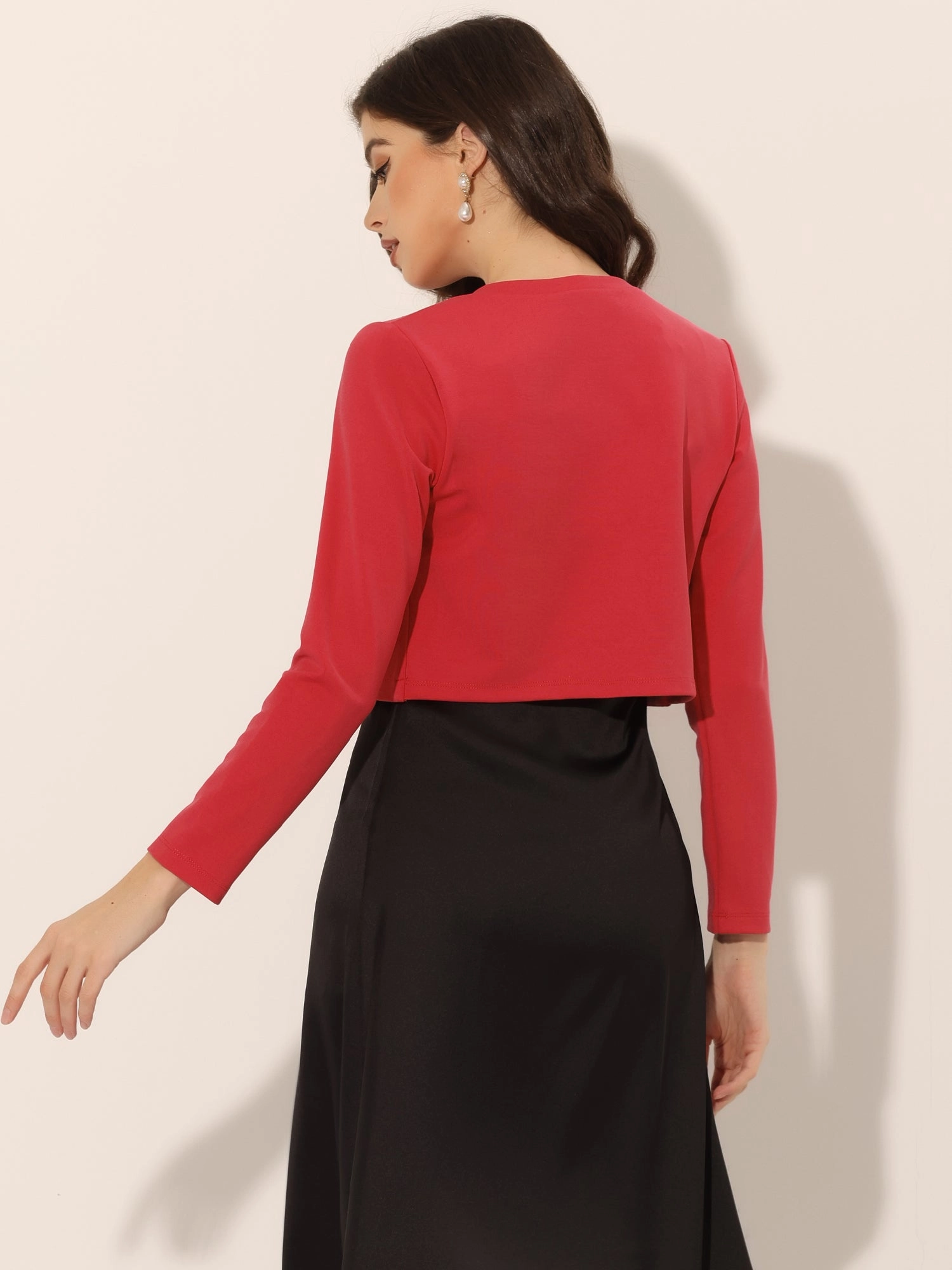 Curved Hem Long Sleeves Open Front Cropped Jacket Bolero Shrug
