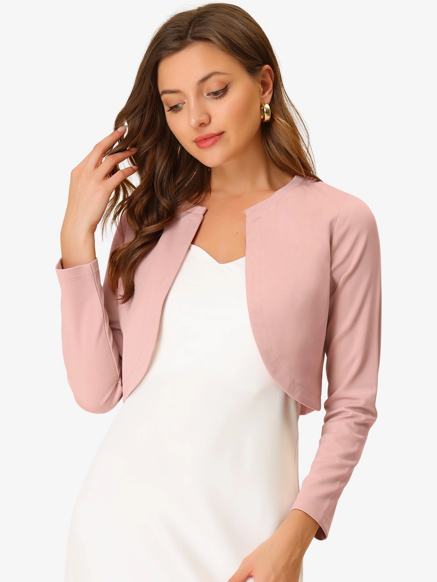 Curved Hem Long Sleeves Open Front Cropped Jacket Bolero Shrug