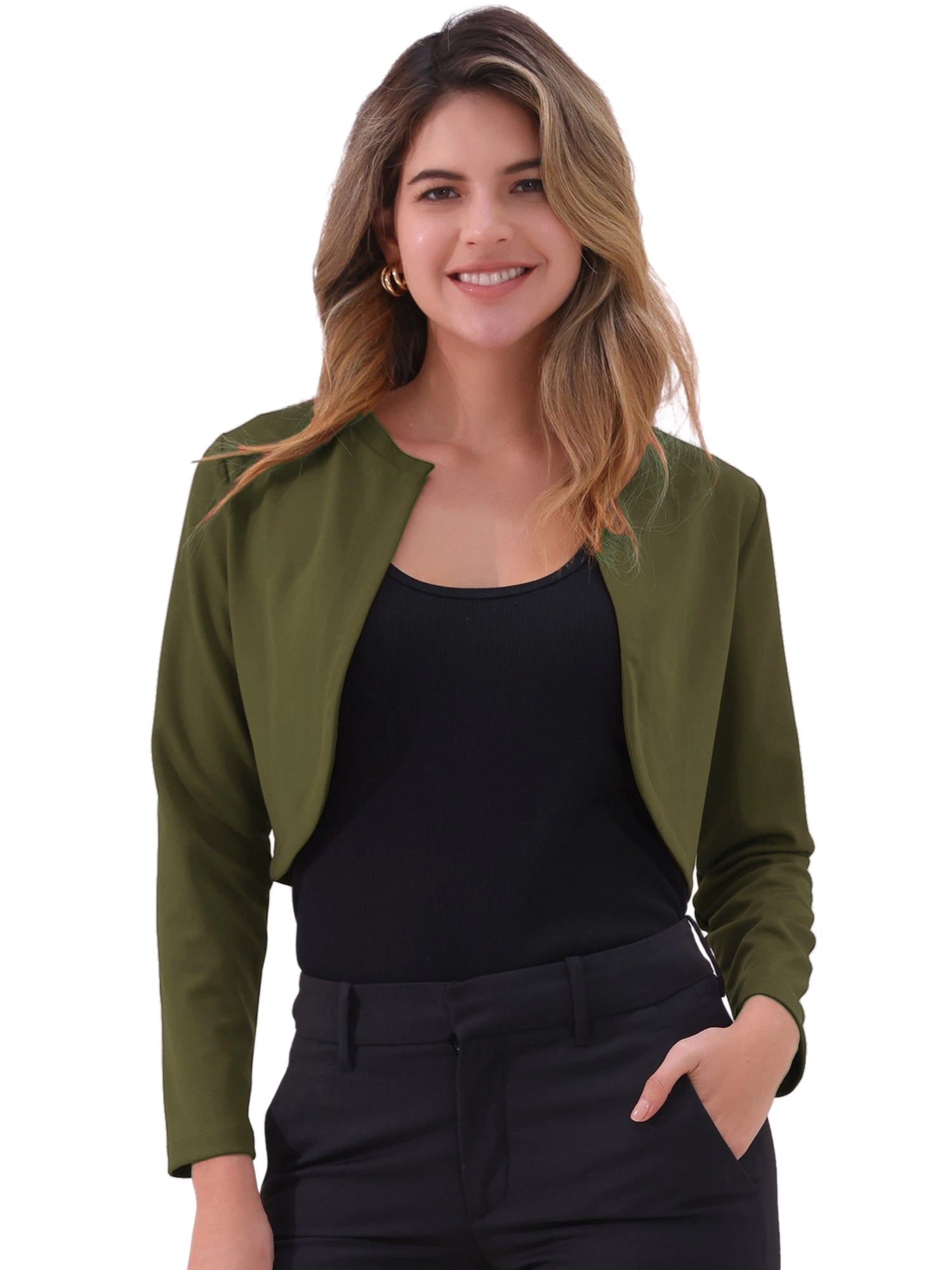 Curved Hem Long Sleeves Open Front Cropped Jacket Bolero Shrug