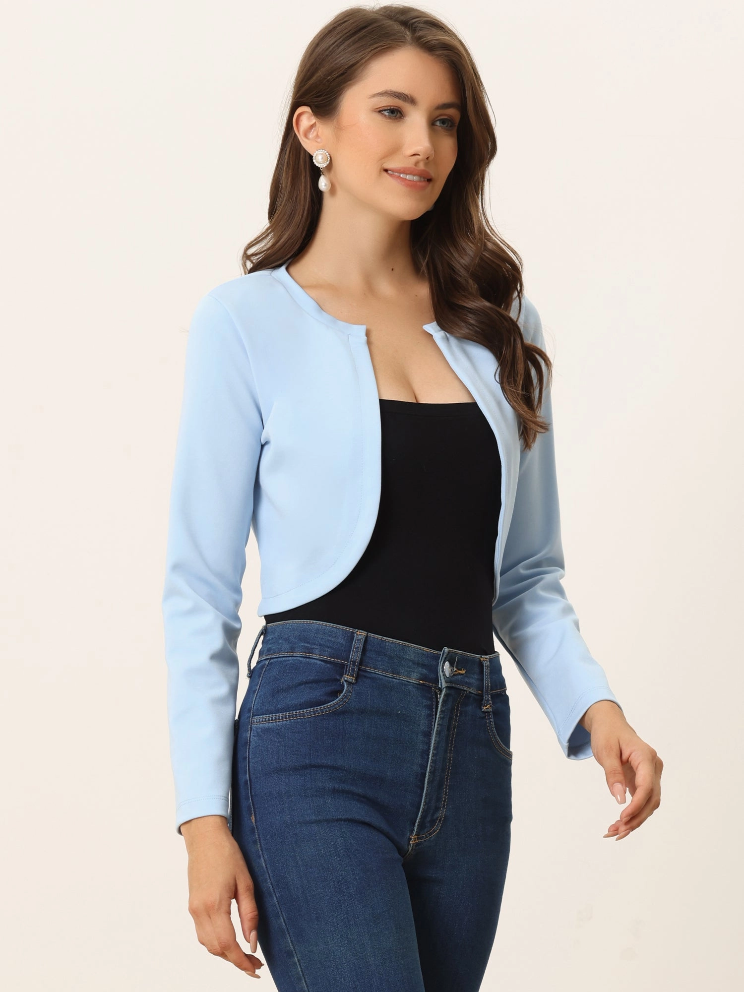Curved Hem Long Sleeves Open Front Cropped Jacket Bolero Shrug