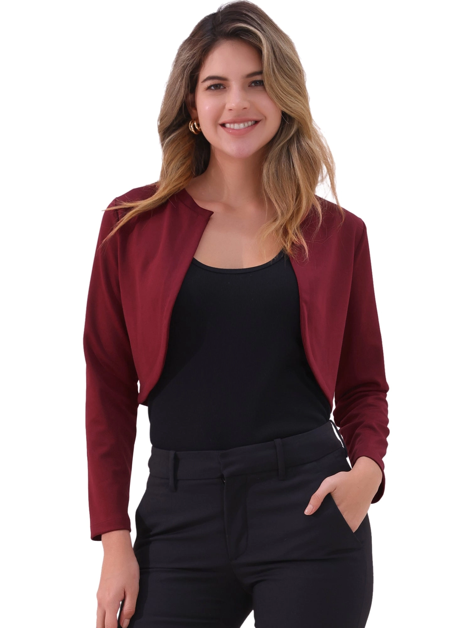 Curved Hem Long Sleeves Open Front Cropped Jacket Bolero Shrug