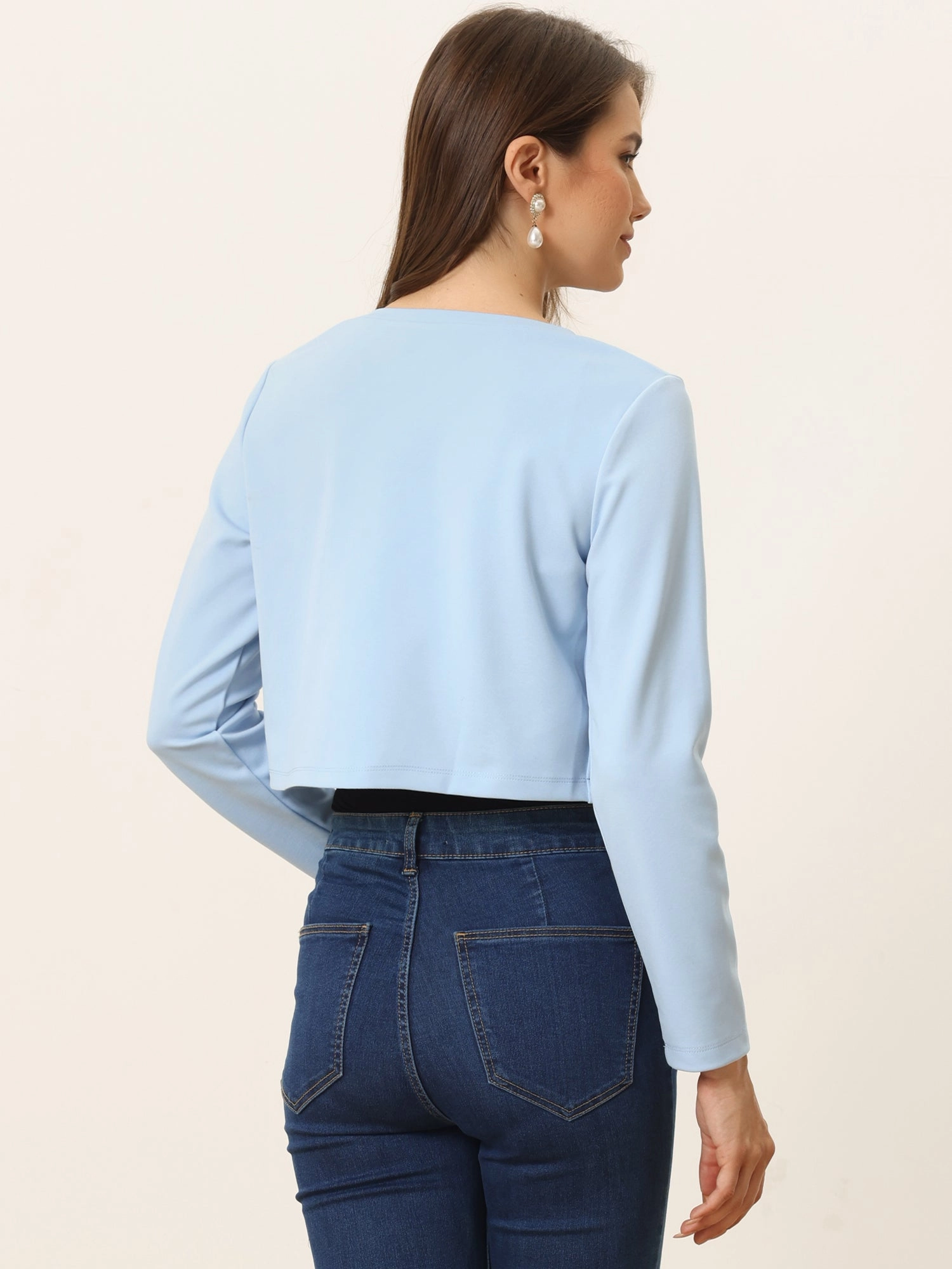 Curved Hem Long Sleeves Open Front Cropped Jacket Bolero Shrug