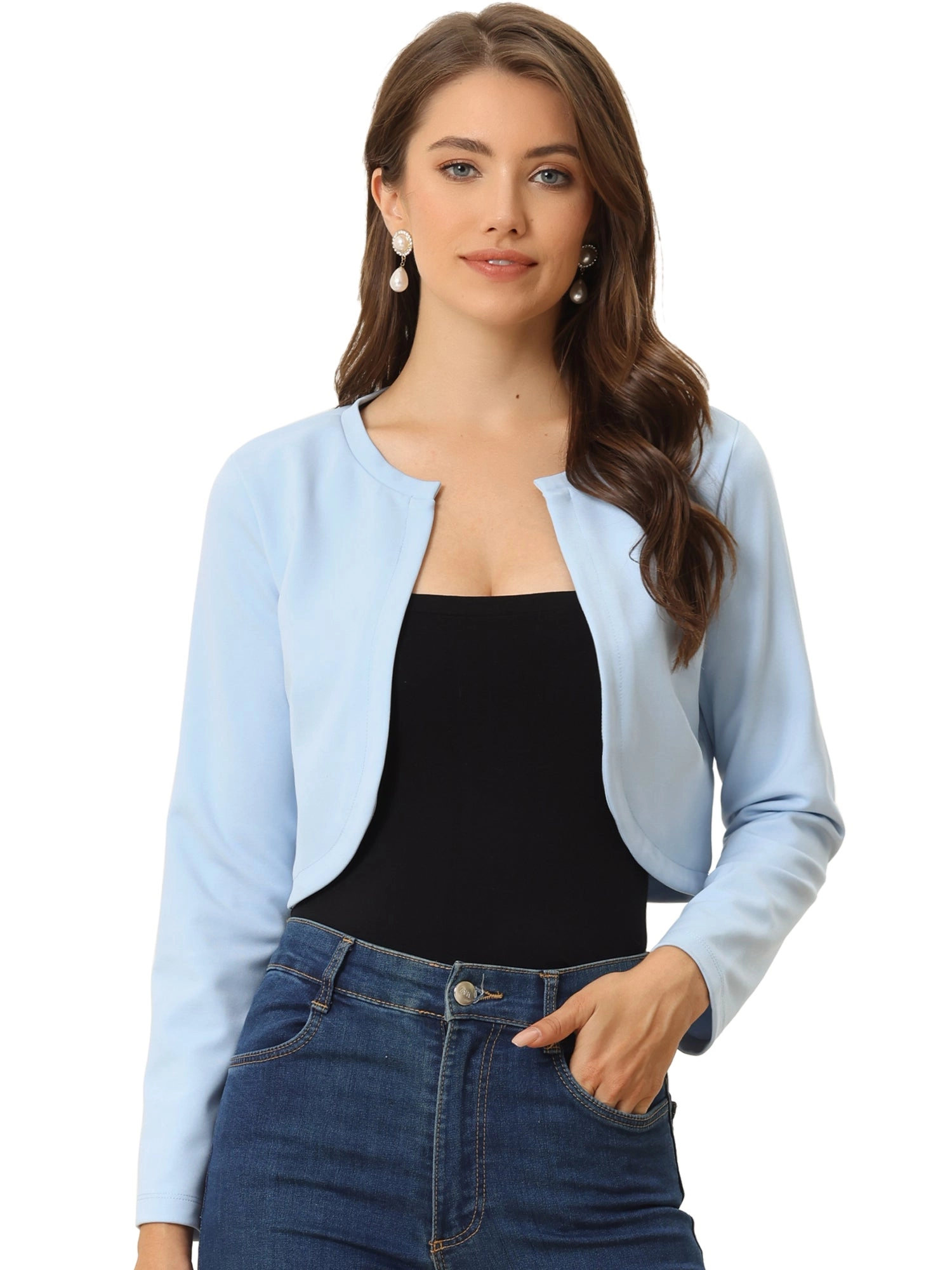 Curved Hem Long Sleeves Open Front Cropped Jacket Bolero Shrug