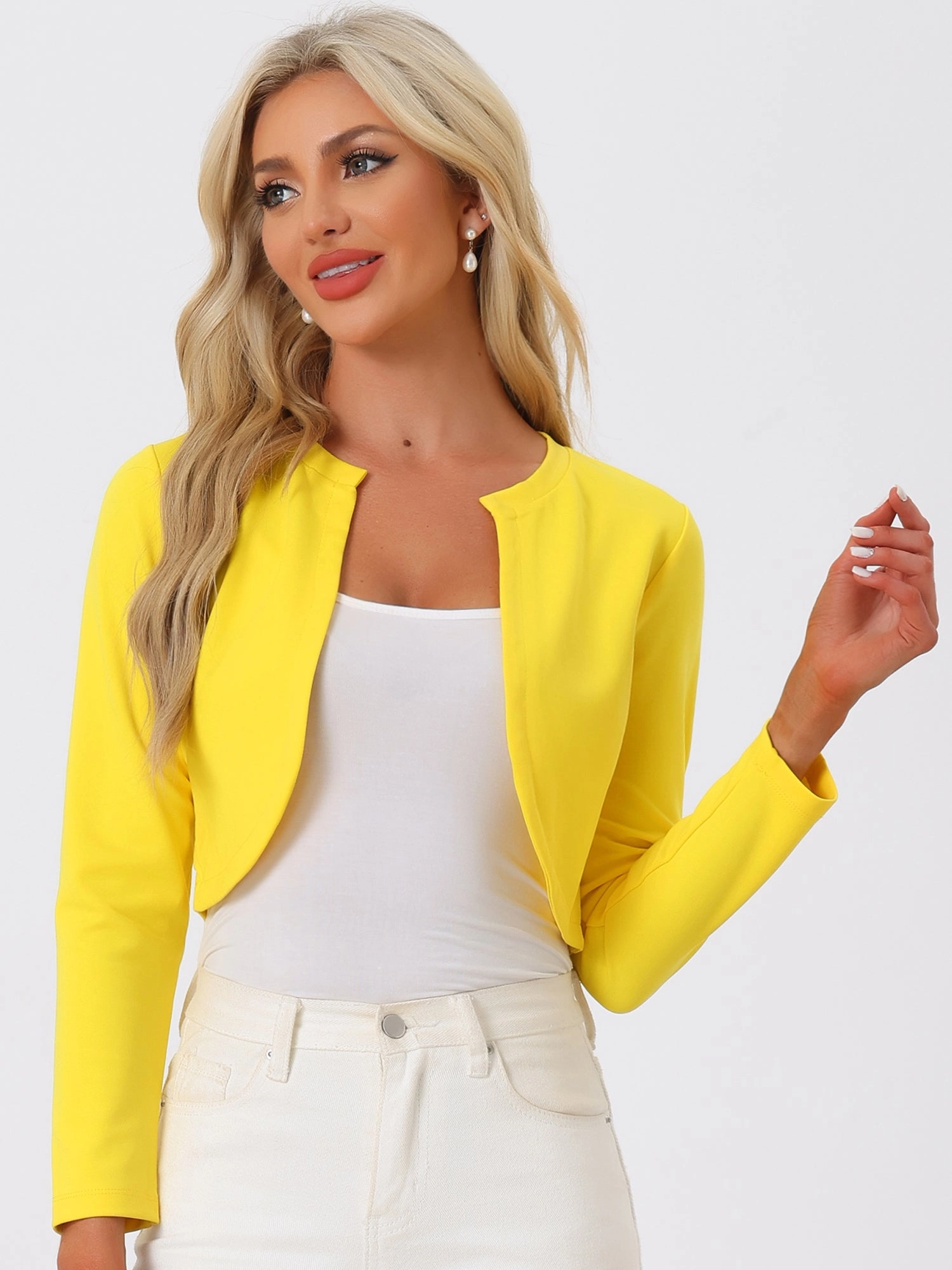 Curved Hem Long Sleeves Open Front Cropped Jacket Bolero Shrug