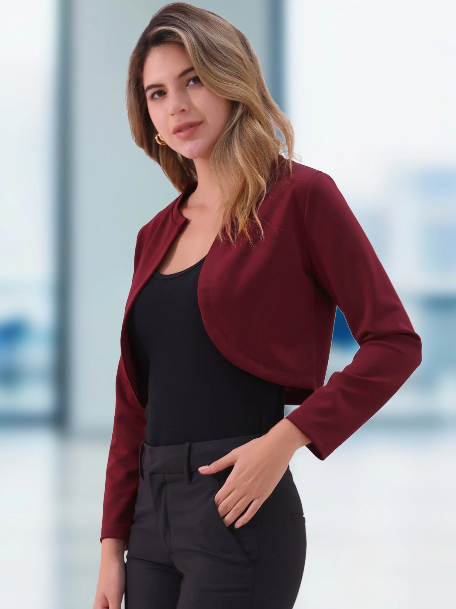 Curved Hem Long Sleeves Open Front Cropped Jacket Bolero Shrug
