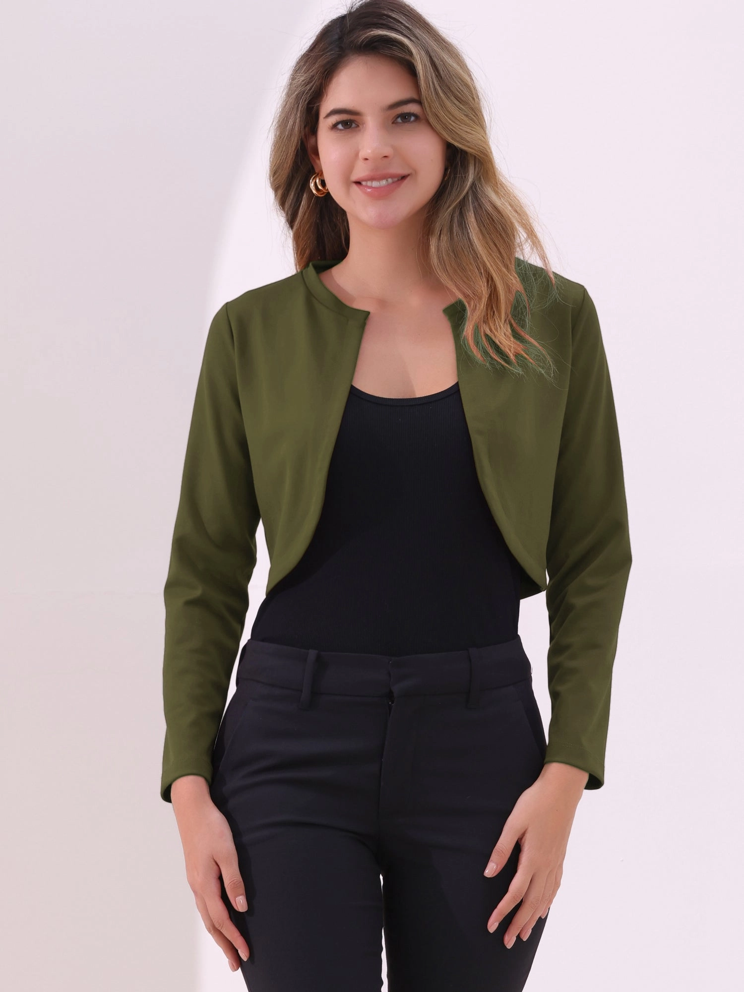 Curved Hem Long Sleeves Open Front Cropped Jacket Bolero Shrug