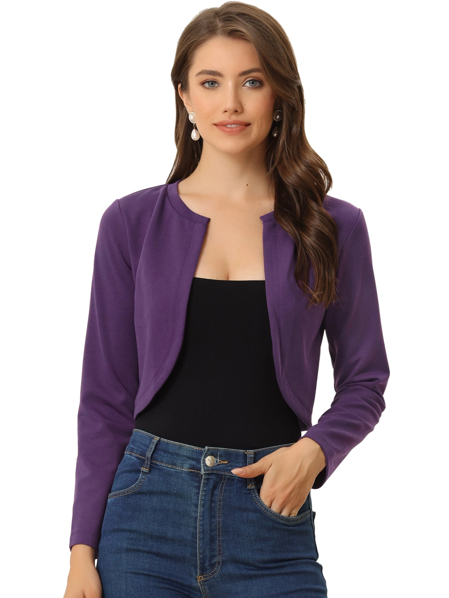 Curved Hem Long Sleeves Open Front Cropped Jacket Bolero Shrug