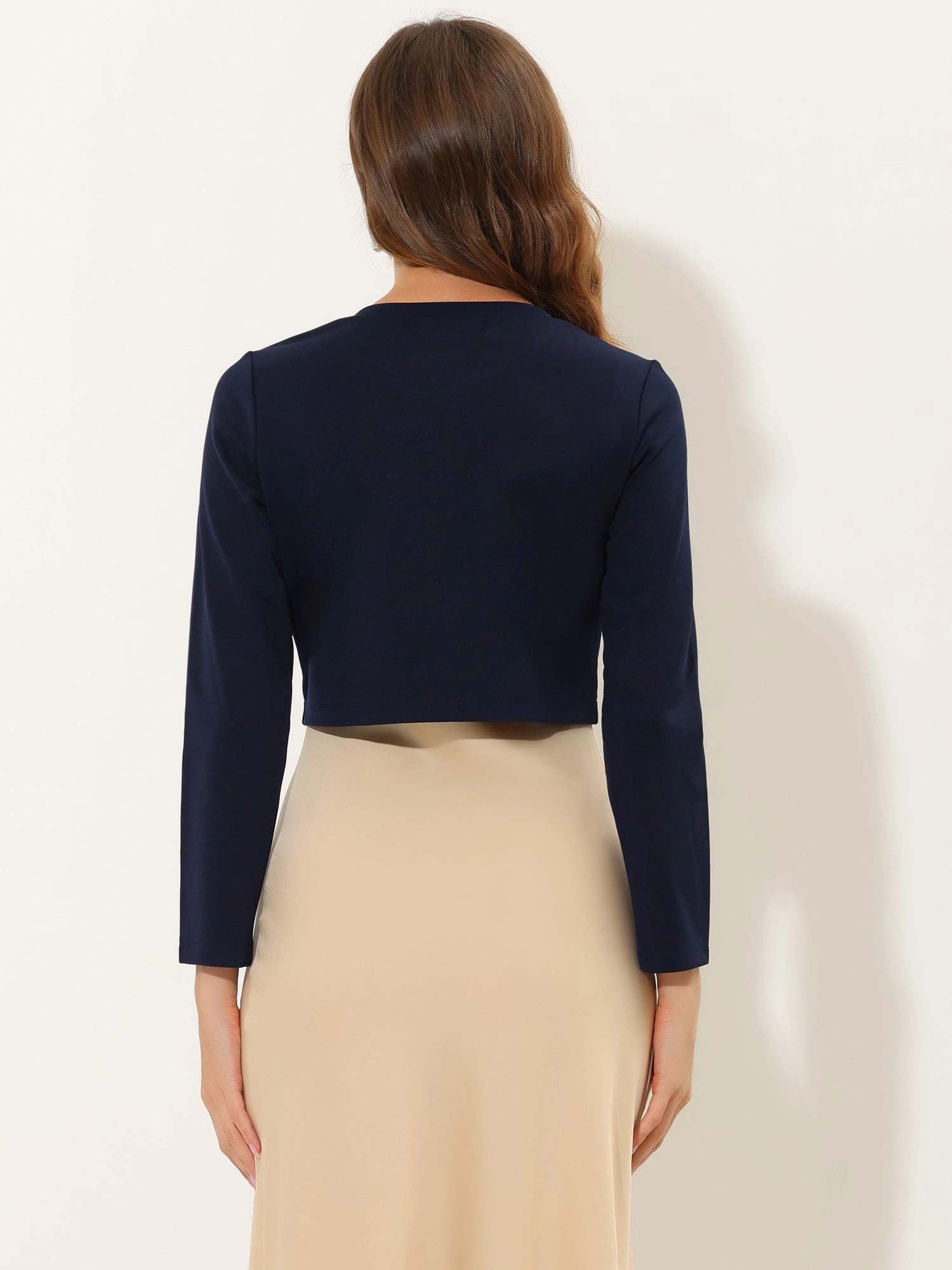 Curved Hem Long Sleeves Open Front Cropped Jacket Bolero Shrug