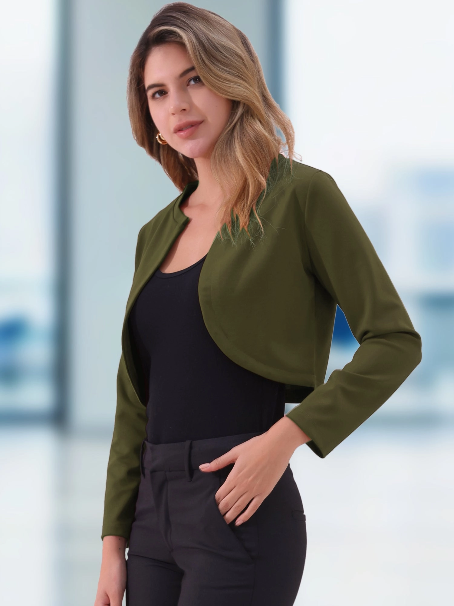 Curved Hem Long Sleeves Open Front Cropped Jacket Bolero Shrug