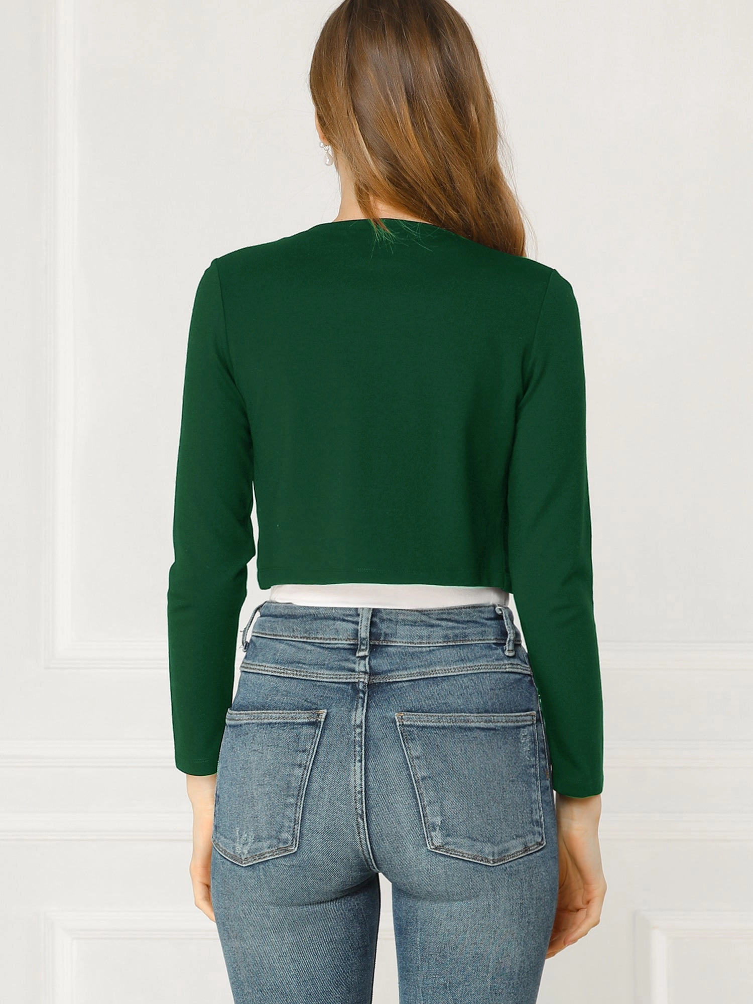 Curved Hem Long Sleeves Open Front Cropped Jacket Bolero Shrug