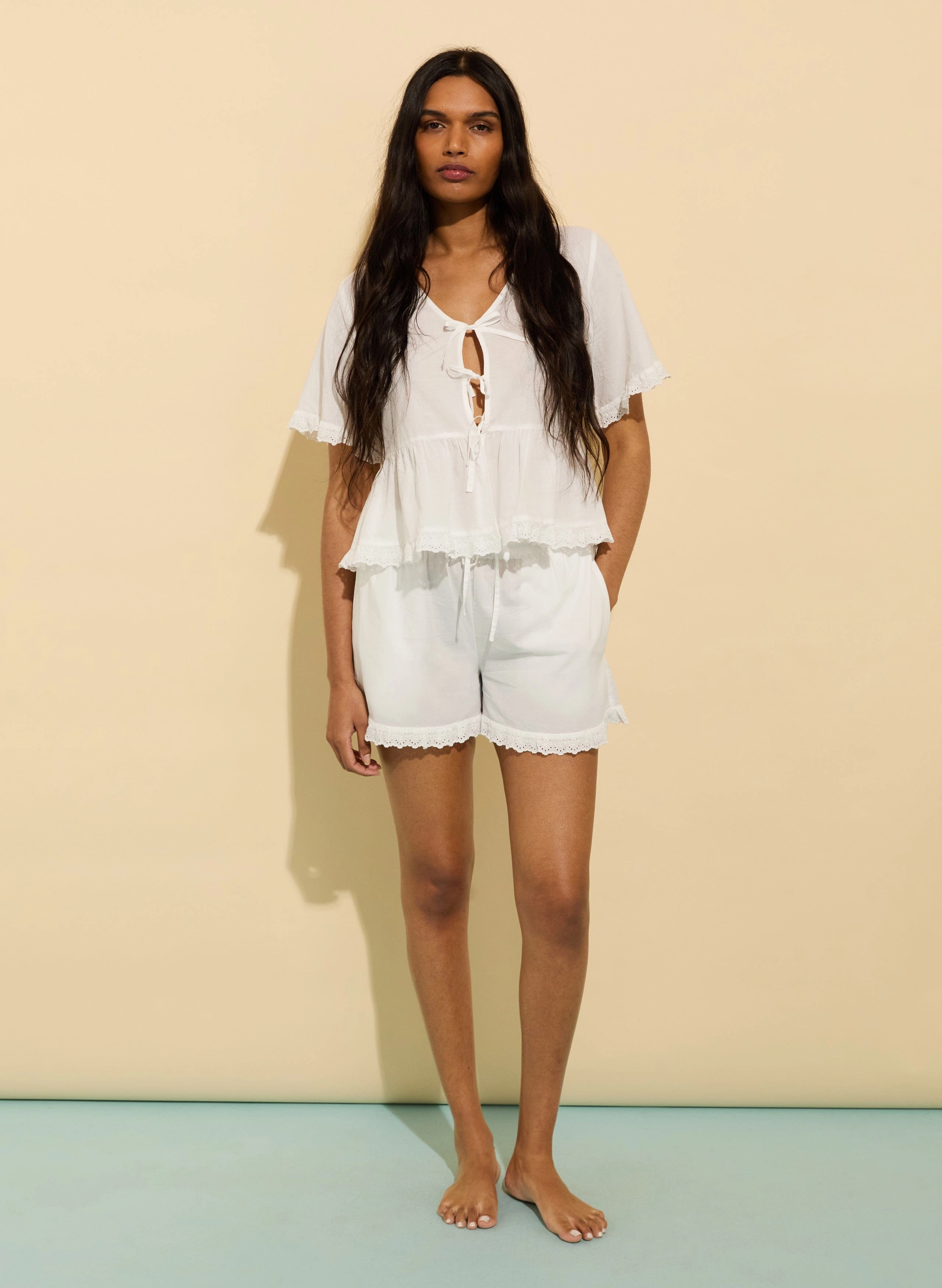 Emma Organic Cotton Broderie Detail Pyjama Top | Soft White