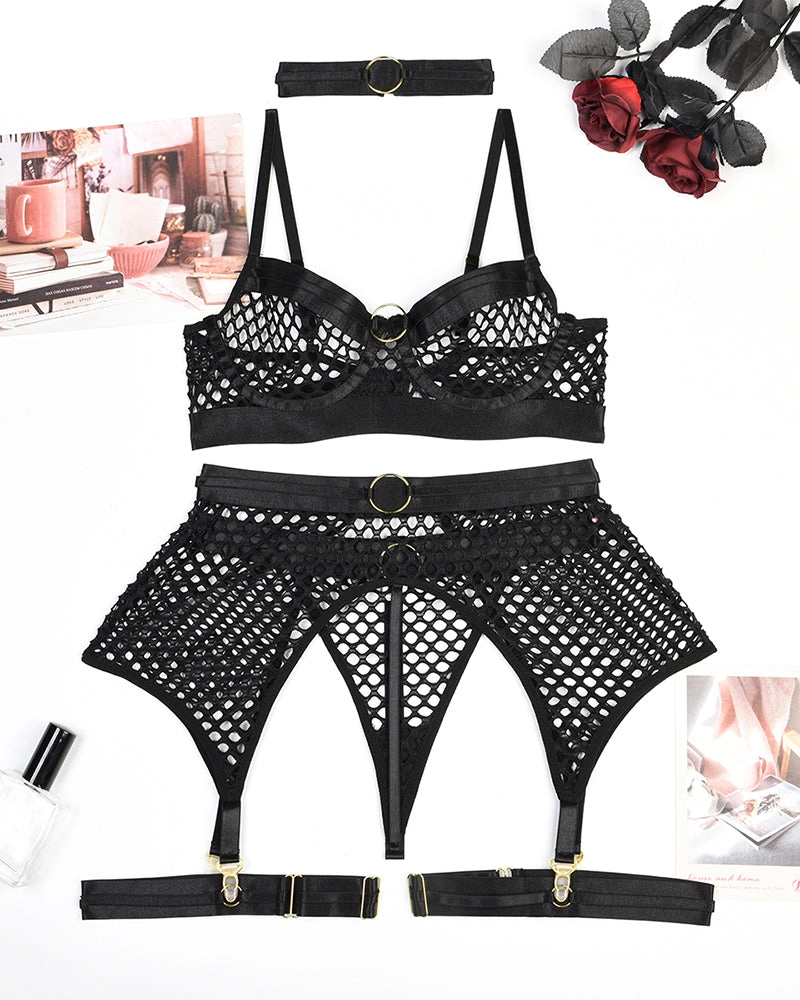 Fishnet Mesh Bra & Panty with Garter Belt