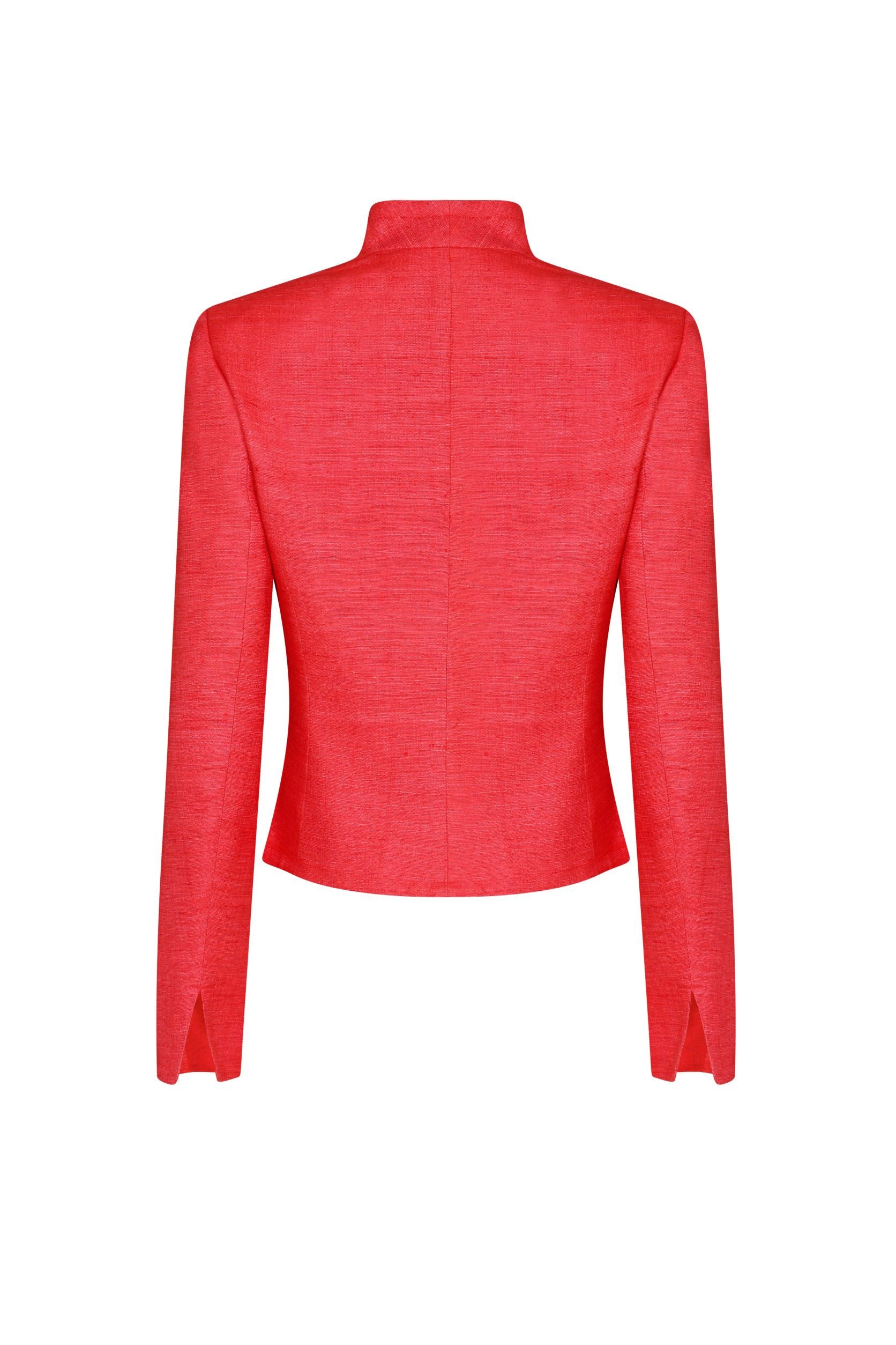 Fitted. Short Jacket in Scarlet-Red Plain Raw Silk Tussar - Margo