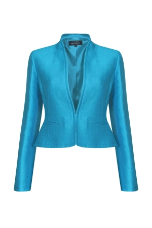 Fitted. Short Jacket in Turquoise Plain Self Stripe Silk - Margo