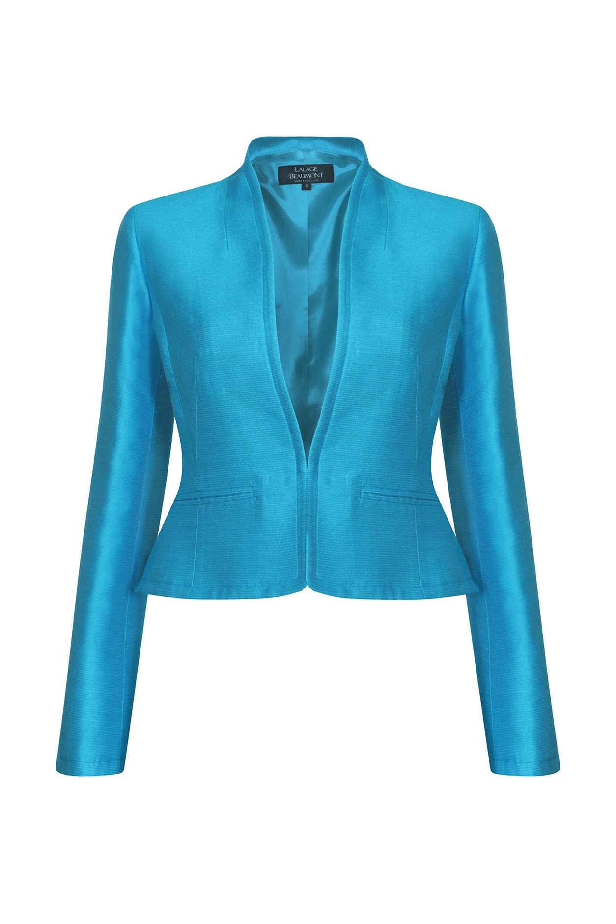 Fitted. Short Jacket in Turquoise Plain Self Stripe Silk - Margo