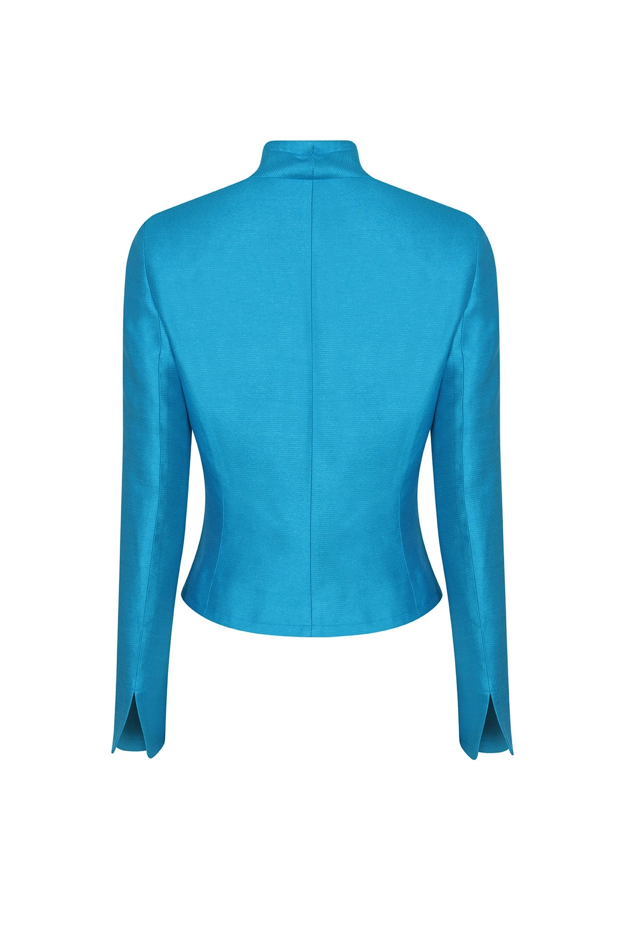 Fitted. Short Jacket in Turquoise Plain Self Stripe Silk - Margo